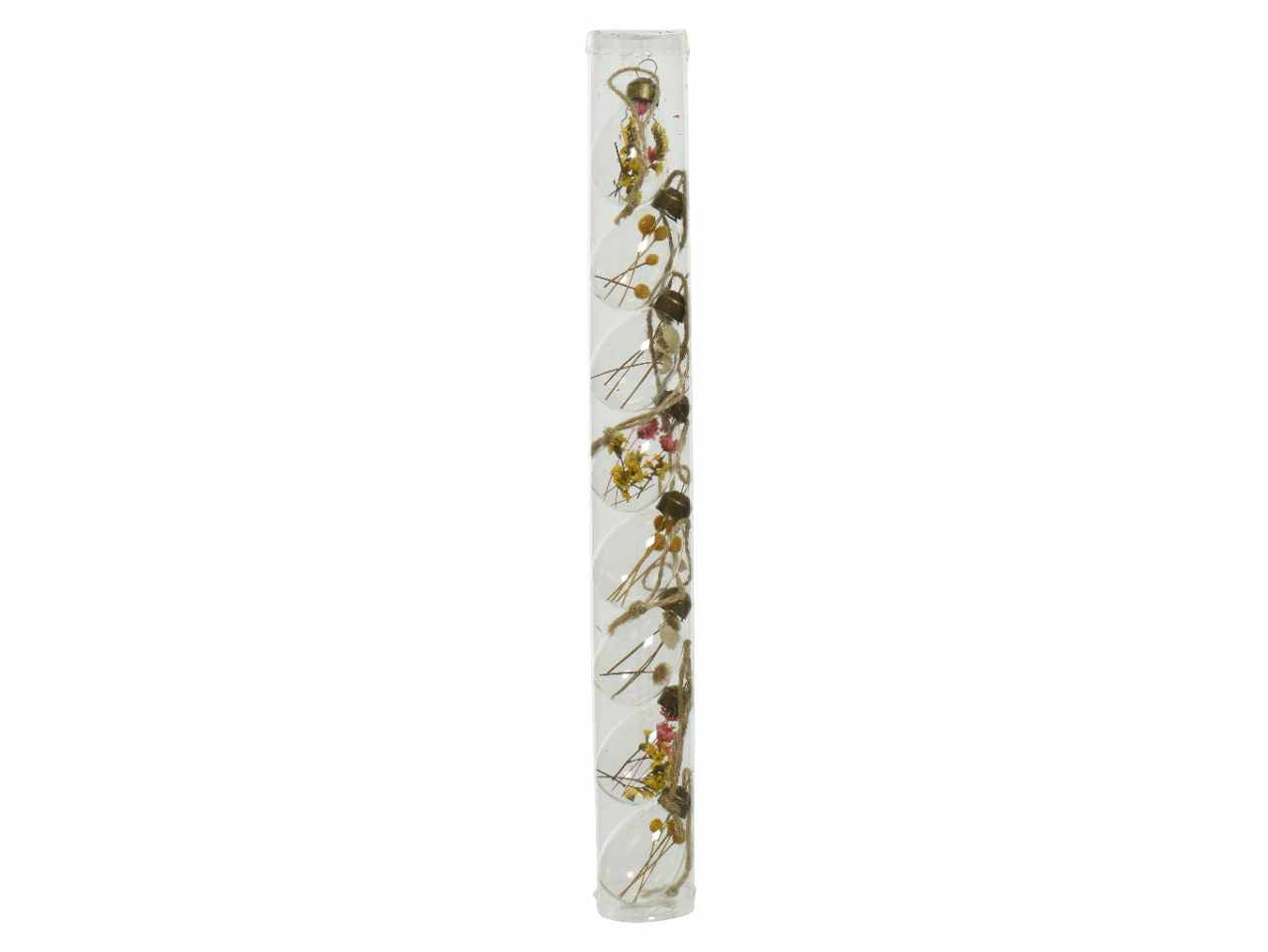 Uovo di vetro trasparente con gancio e corda in juta per sospensione 3 assortimenti di fiori secchi 3.5xh.5cm