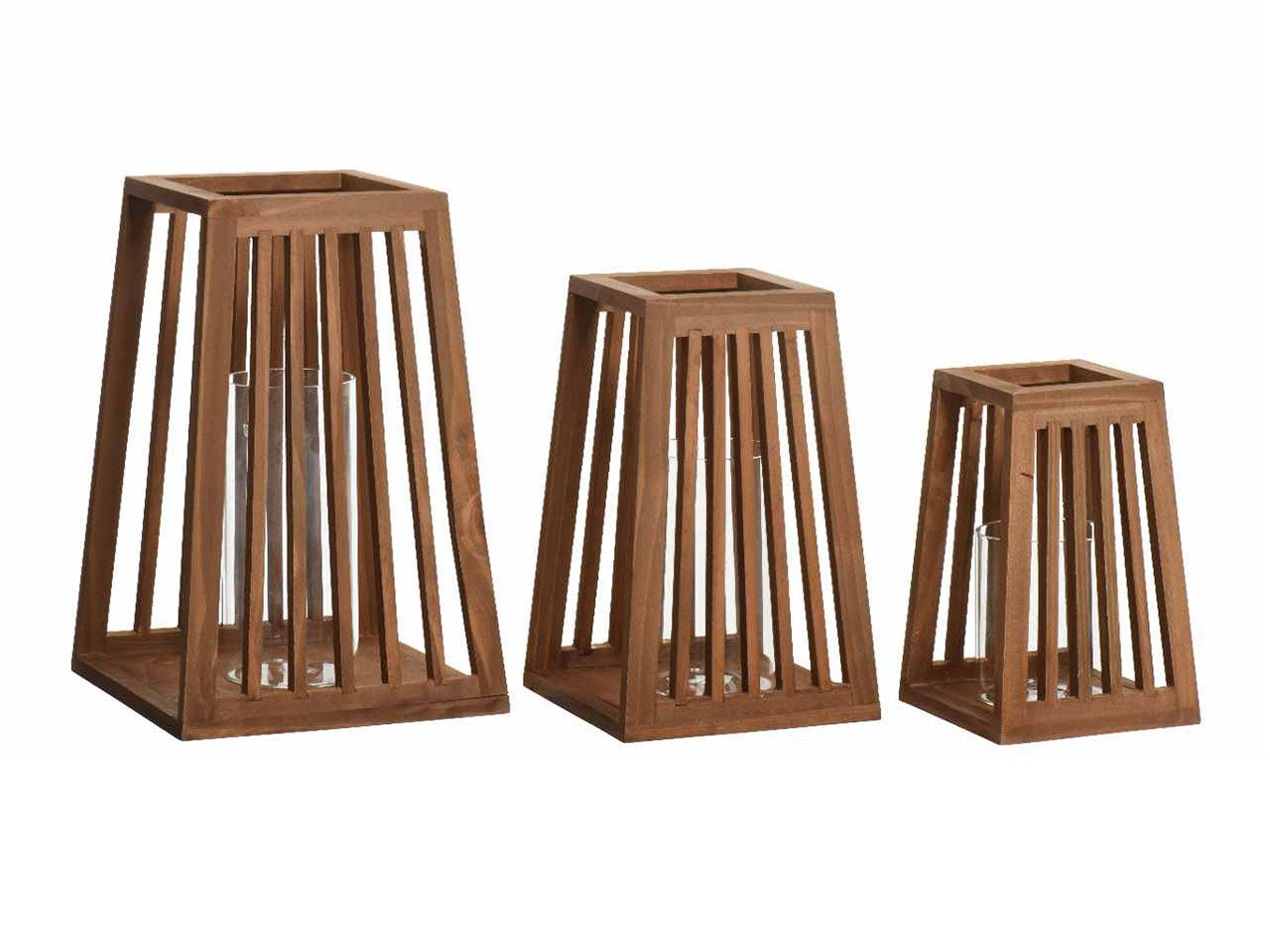 Lanterna decorativa trapezoidale in legno di abete opaco con coppa in vetro da interno 3 misure assortite 20xh.30 - 16xh.25 - 13xh.20