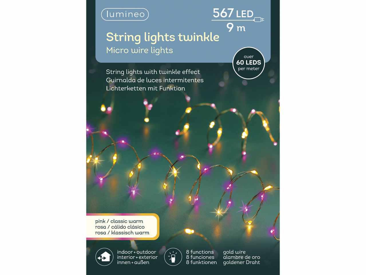 Luci natalizie micro led extra dense con 8 funzioni effetto scintillio per uso esterno colore oro rosa caldo classico misura lun.900cm misura del led micro numero di led 567