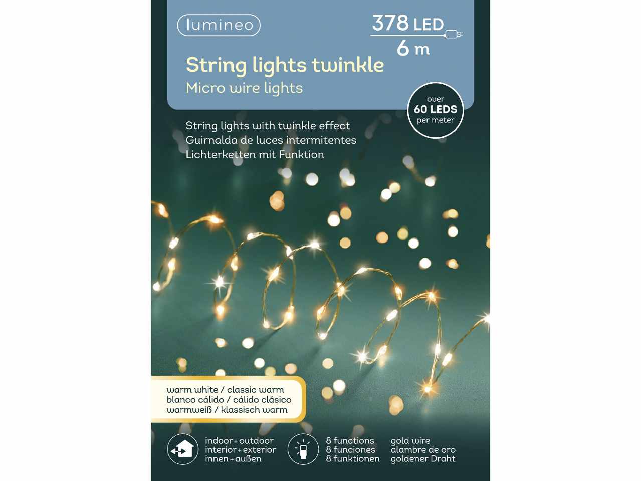 Luci natalizie micro led extra dense con 8 funzioni effetto scintillio per uso esterno colore oro bianco caldo misura lun.600cm misura del led micro numero di led 378