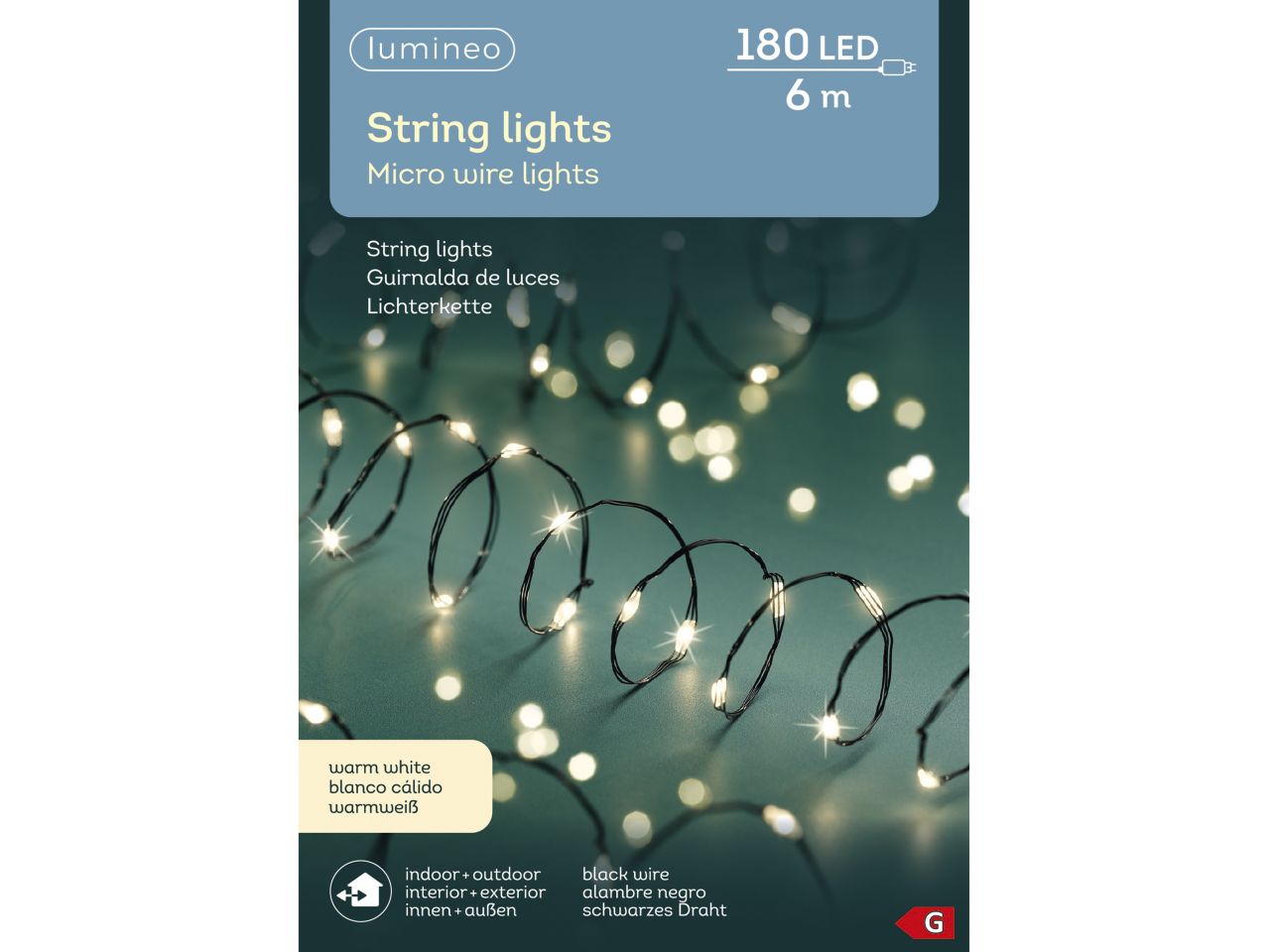 Luci natalizie micro led a stringa fisse per uso esterno colore nero bianco caldo misura lun.895cm misura del led micro numero di led 180