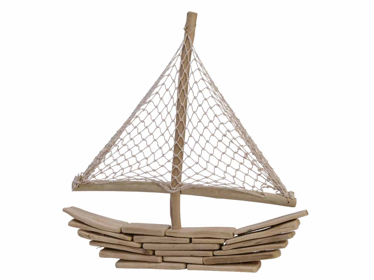 Barca decorativa in legno galleggiante con vela rete da pesca in cotone per uso interno 44xh.45cm