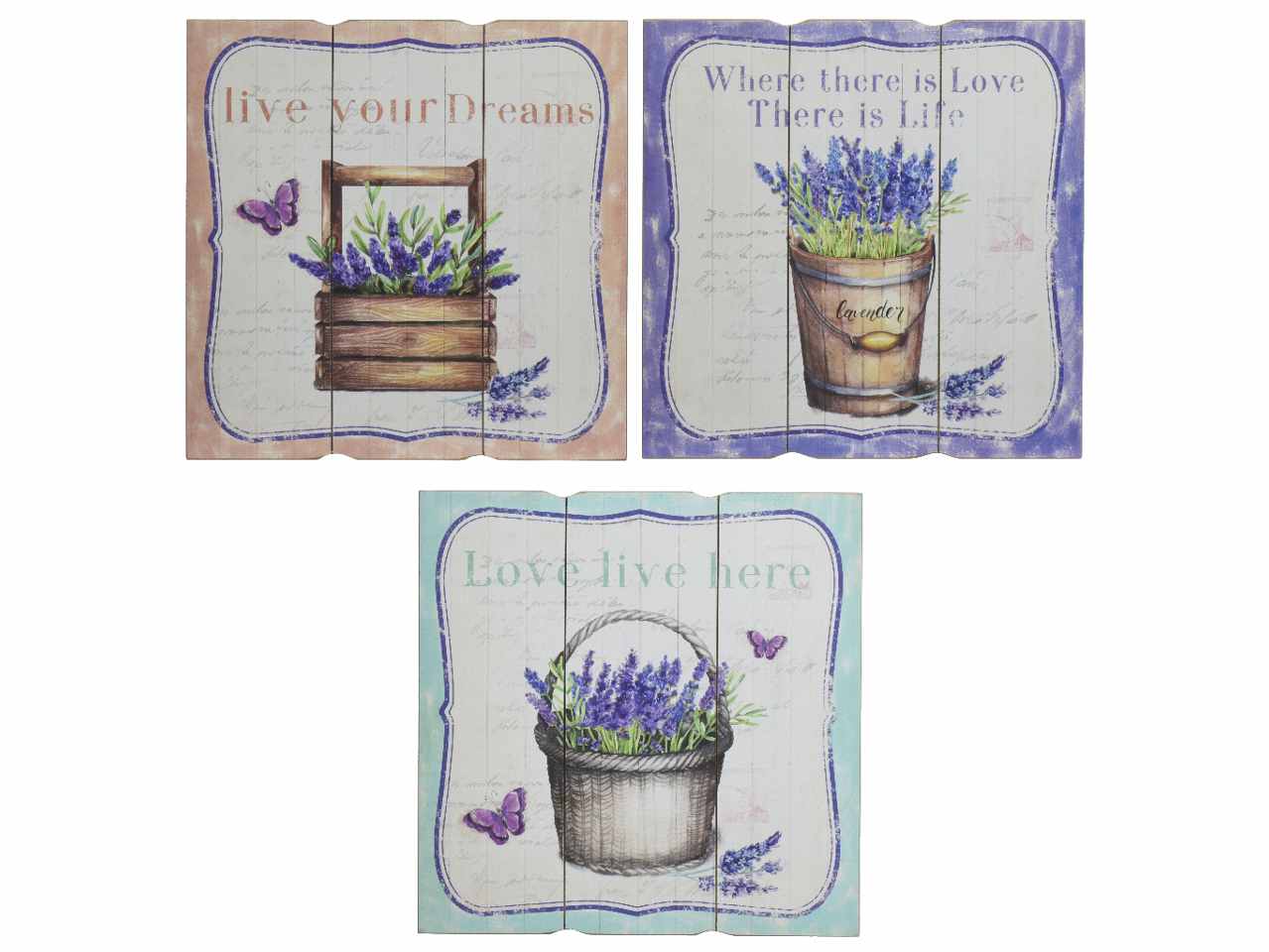 Quadro in mdf con soggetto farfalle e testo con gancio e corda per sospensione 3 assortimenti 40xh.40cm