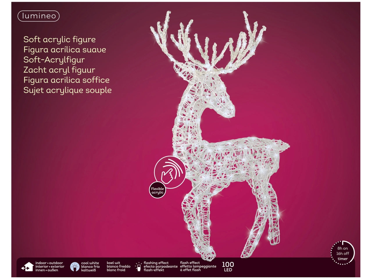 Renna 3D luminosa bianco freddo con 100 led effetto lampeggiante 52x32x94 cm - Lumineo
