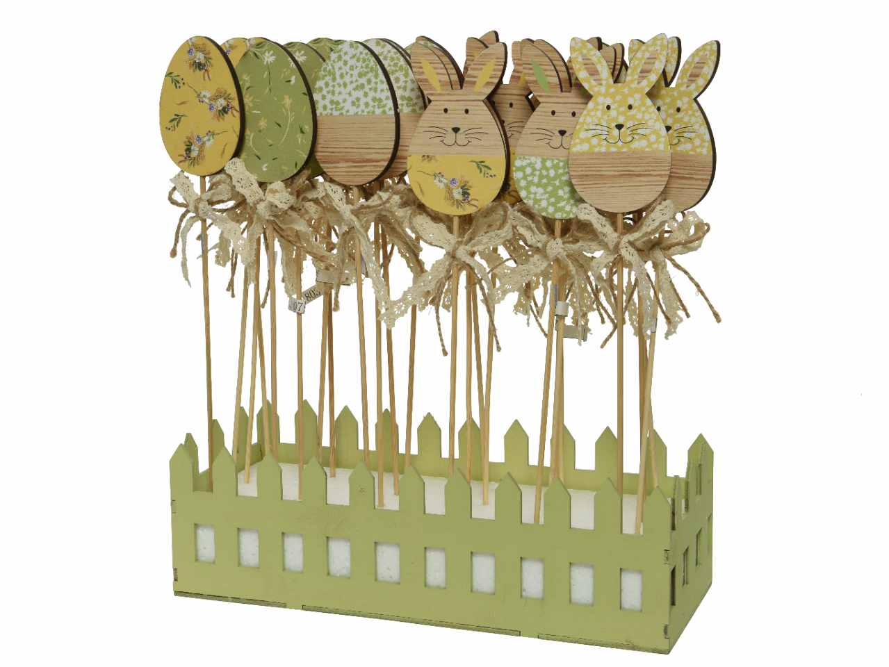 Figure pasquali di uova e coniglietti in mdf su stelo 8 assortimenti 0.5xh.30cm