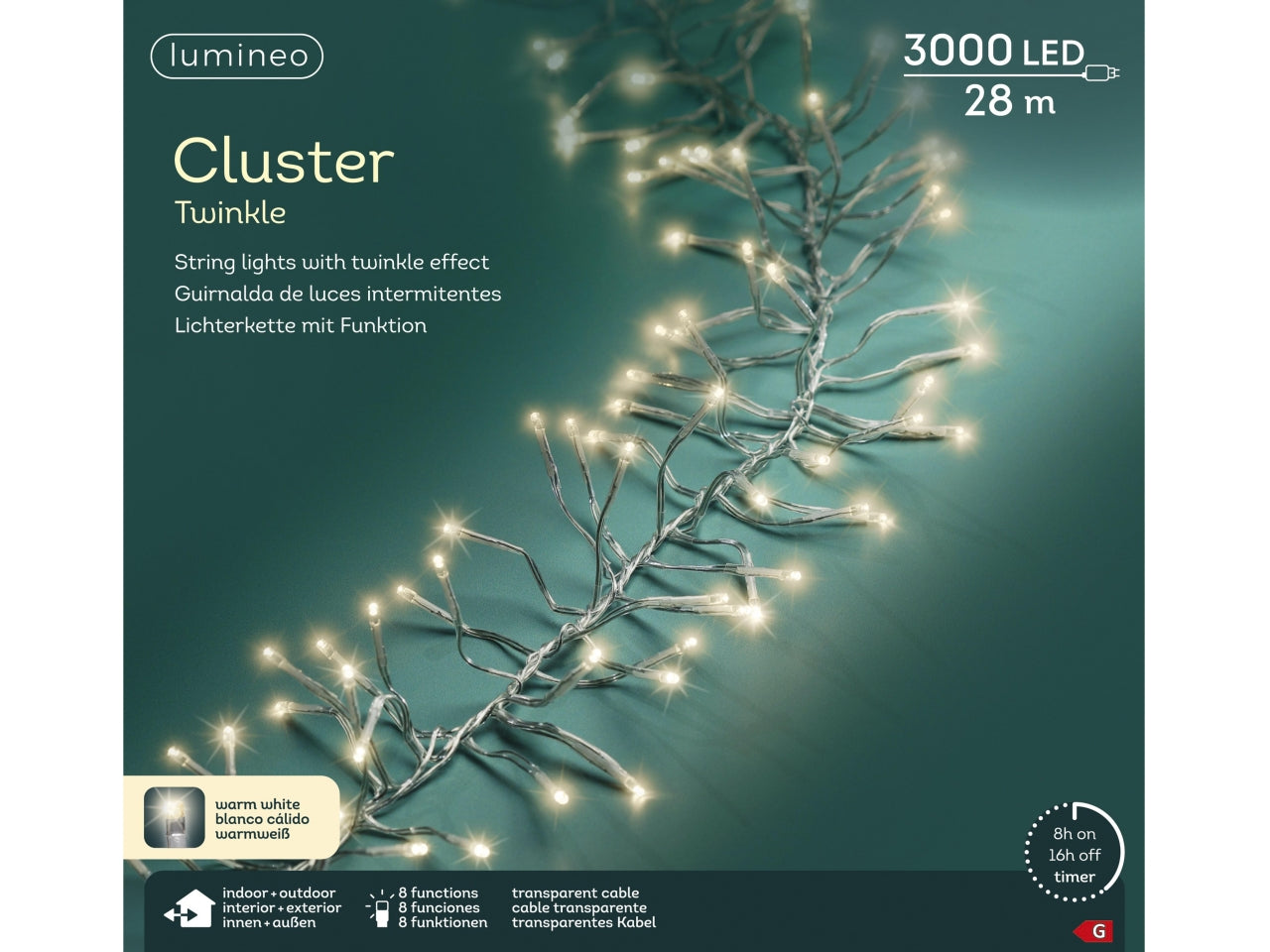 Catena di luci a grappolo 3000 led, 28 m, bianco caldo trasparente effetto scintillio - Lumineo
