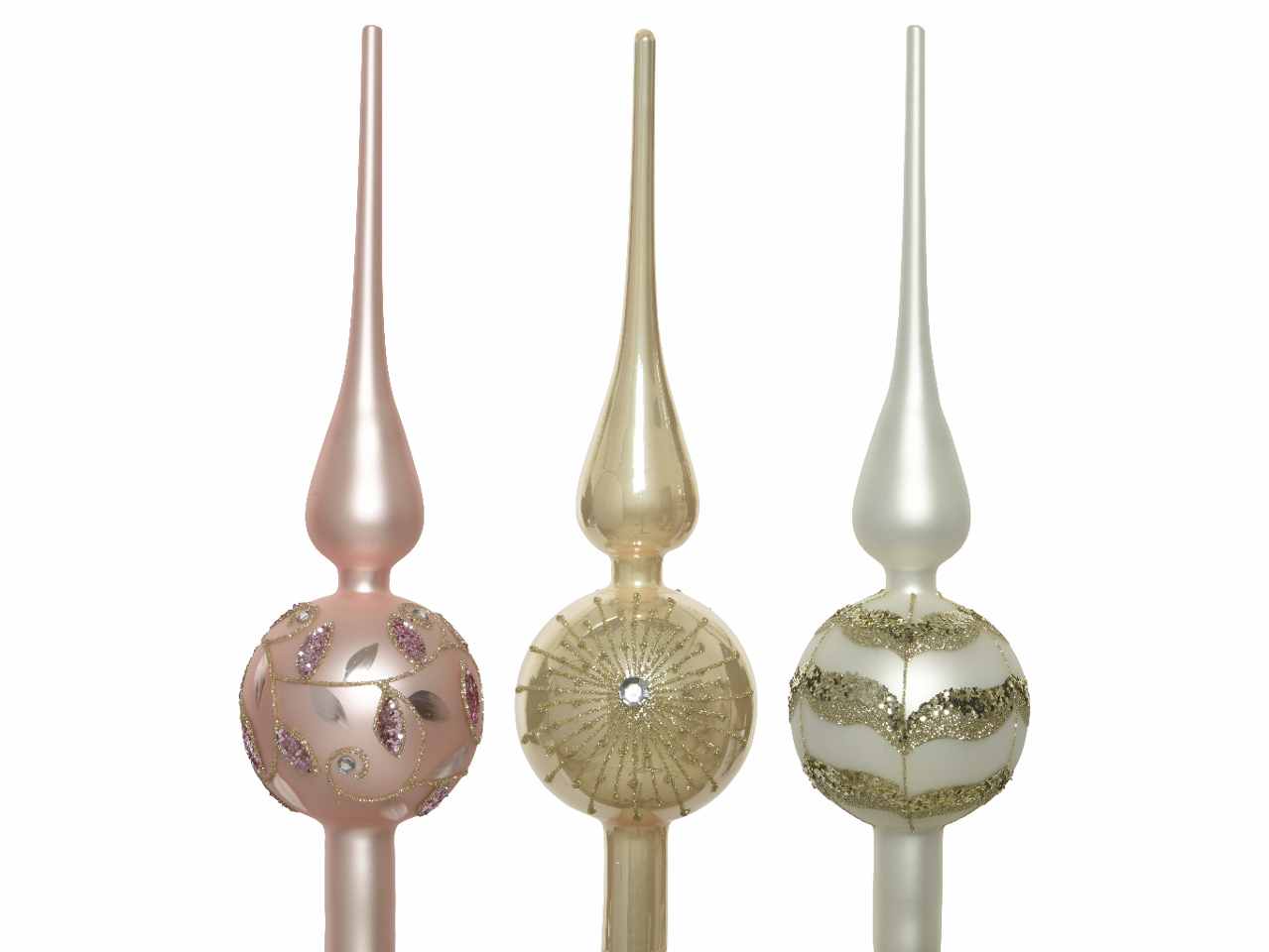 Puntale albero in vetro opaco e lucido con glitter 31cmxd.8cm nei colori bianco, rosa e oro