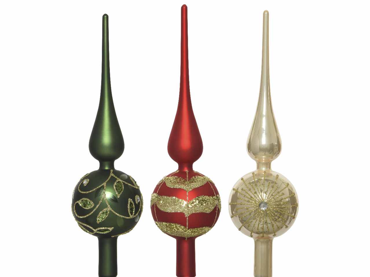 Puntale in vetro opaco 31cm d.8cm nei colori verde, rosso e bianco