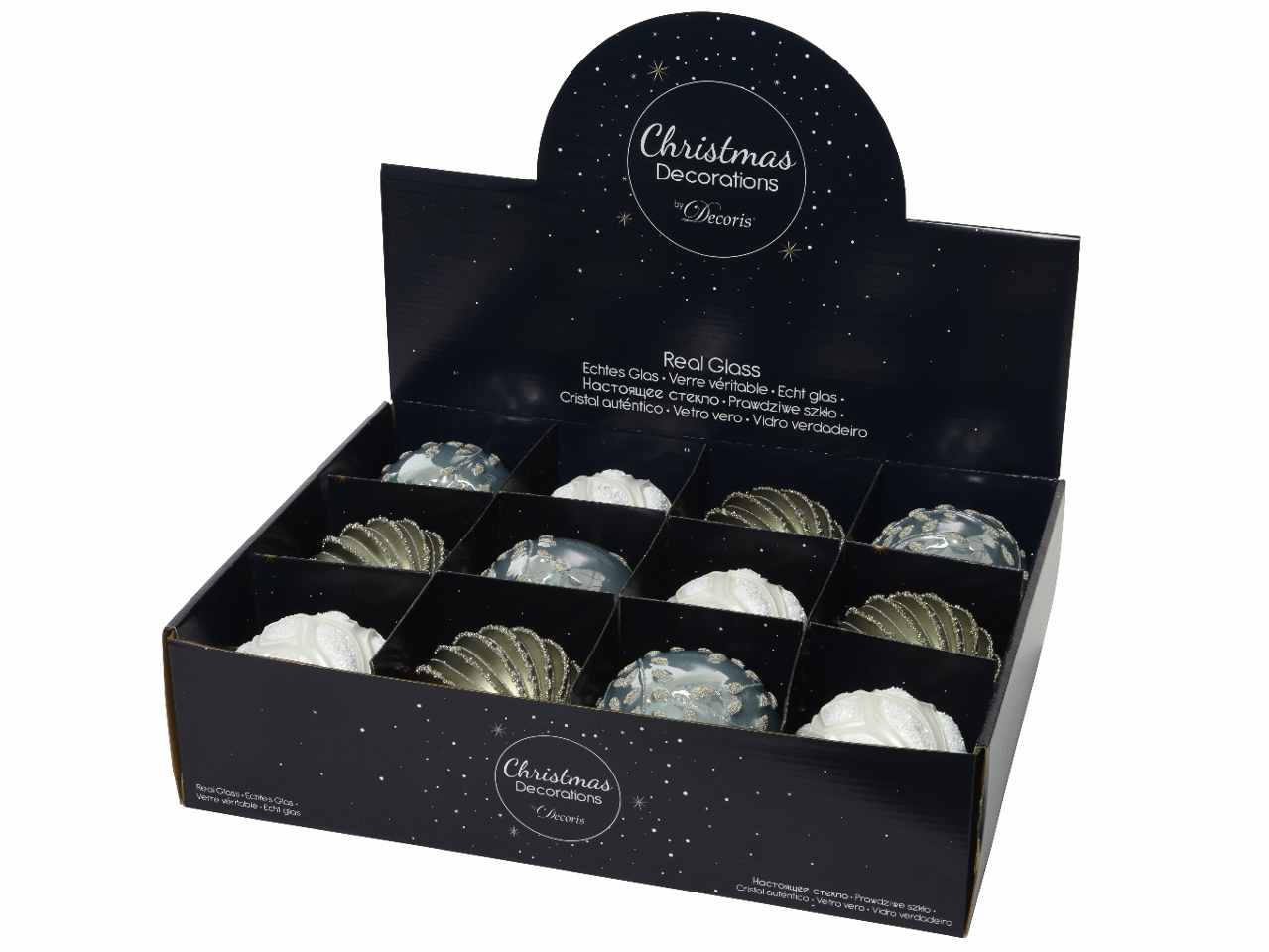 Sfere in vetro opaco e lucido d.10cm con glitter e cristalli blu