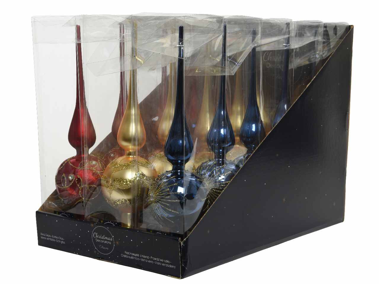 Puntale in vetro opaco 31xd.8cm nei colori blu notte, oro e rosso