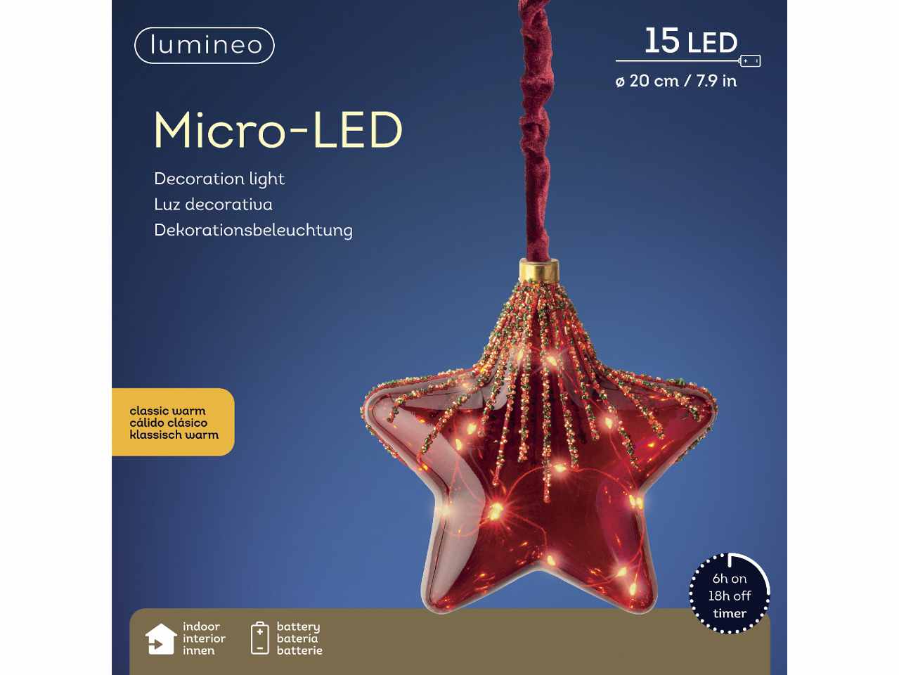 Stella con microled bianco caldo d.20cm rosso con funzionamento a batteria e uso interno da appendere