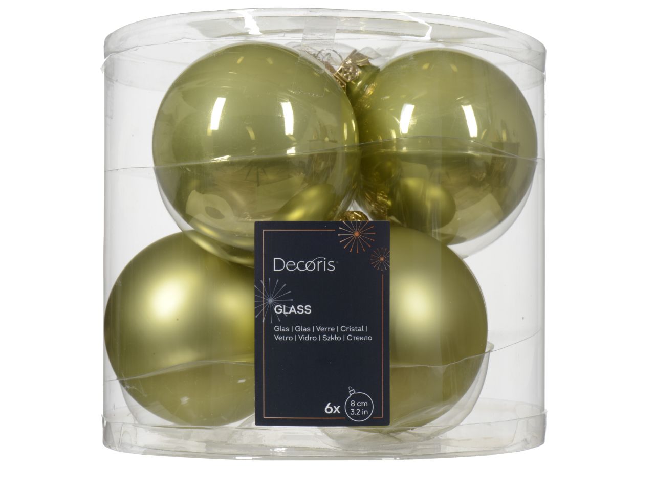 Palline di natale in vetro finitura smaltata e opaca colore pistacchio misura d.8cm