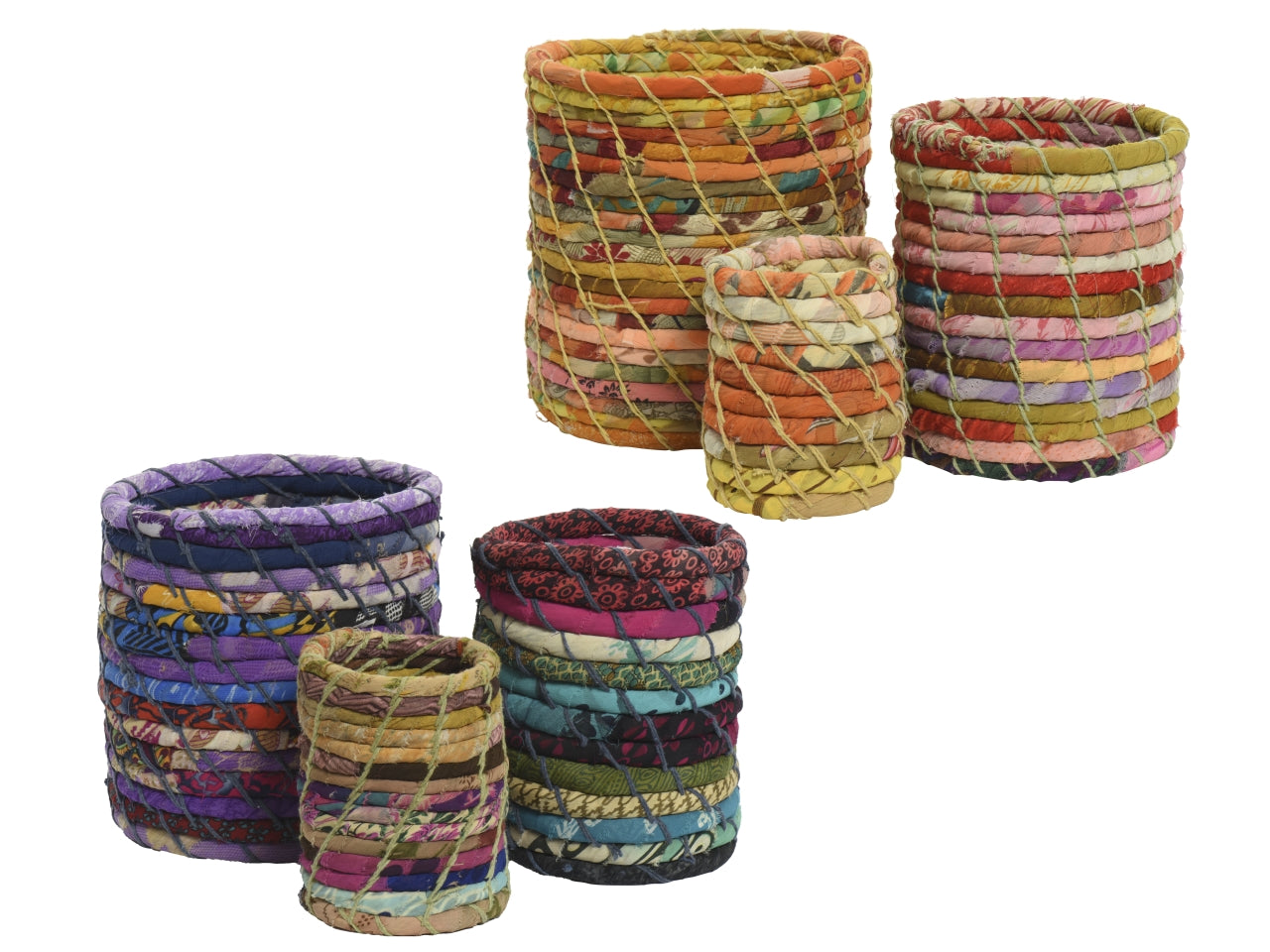 Set da 3 - Cesto portaoggetti cotone e paglia multicolor etnico, grande 20x25cm medio 15x20cm piccolo 10x15 cm, disponibile in 2 colori - Kaemingk