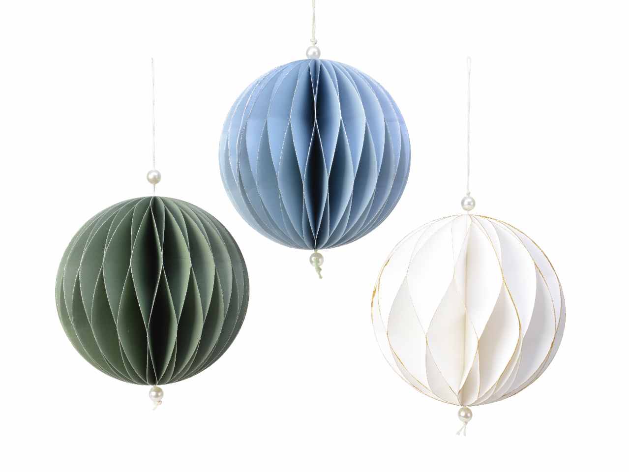 Appendino sfera in carta 15cmxd.15cm nei colori bianco verde e blu