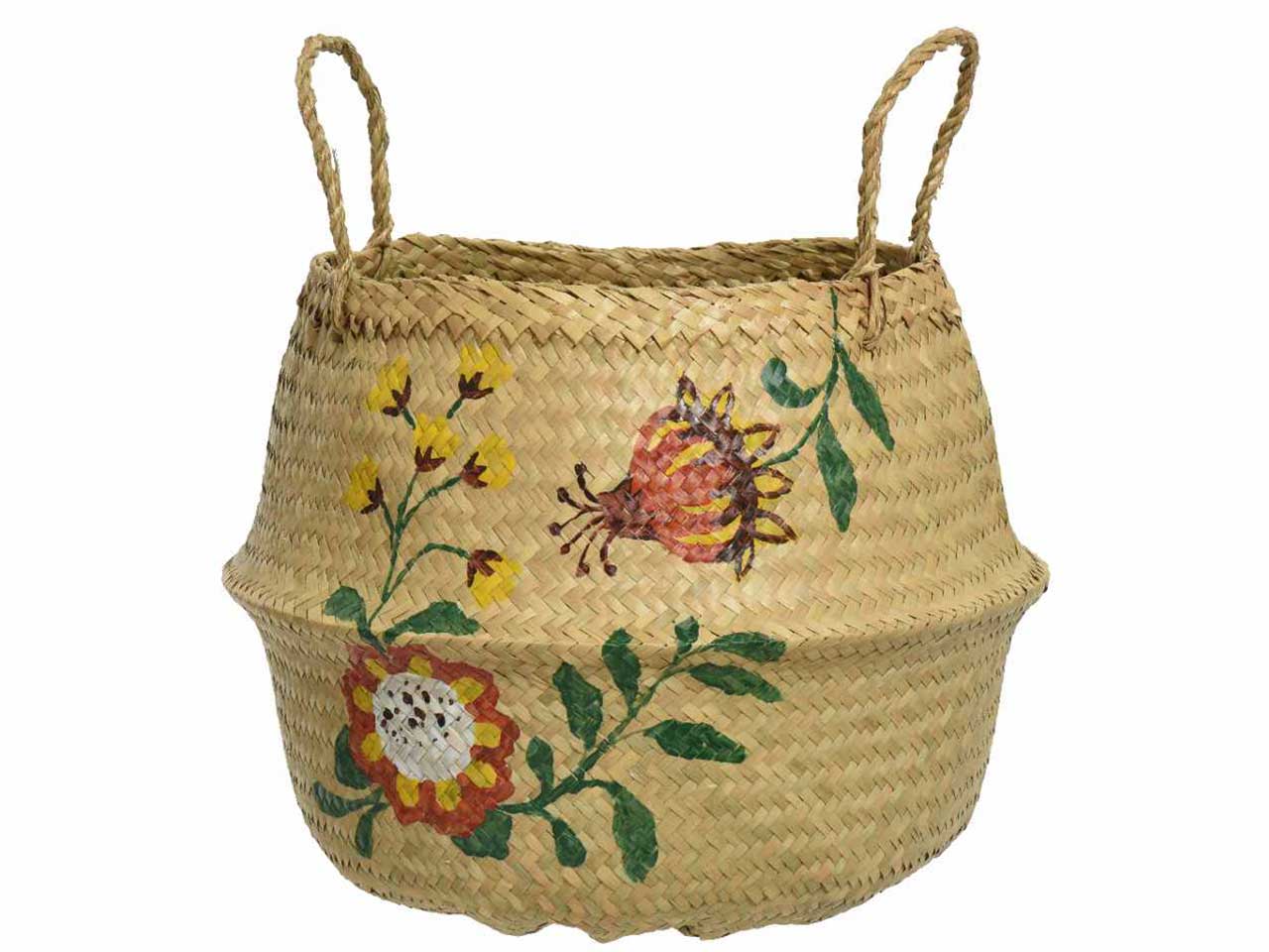 Cesto tondo in alga marina con manici e decorazione floreale d.35xh.35cm