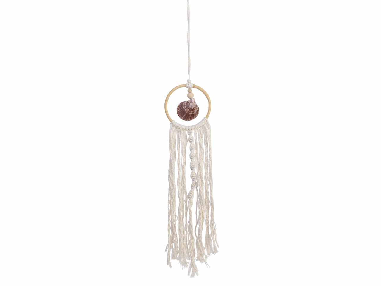 Appendino decorativo in rattan con conchiglia e nappa di cotone fatto a mano da interno ed esterno con gancio e corda per sospensione 1xh.70cm