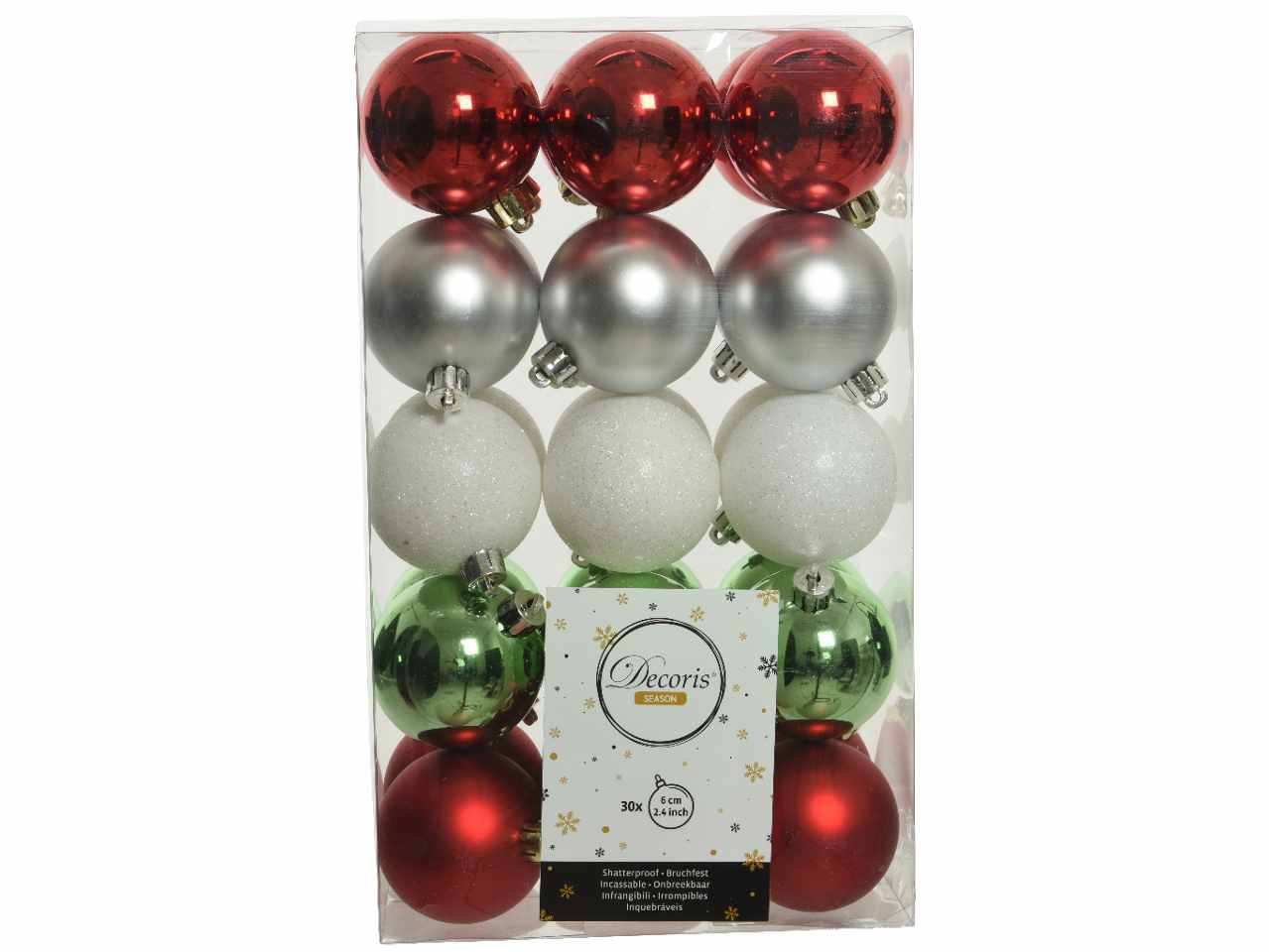 Sfera d.6cm 30 pezzi nei colori bianco, rosso argento e verde