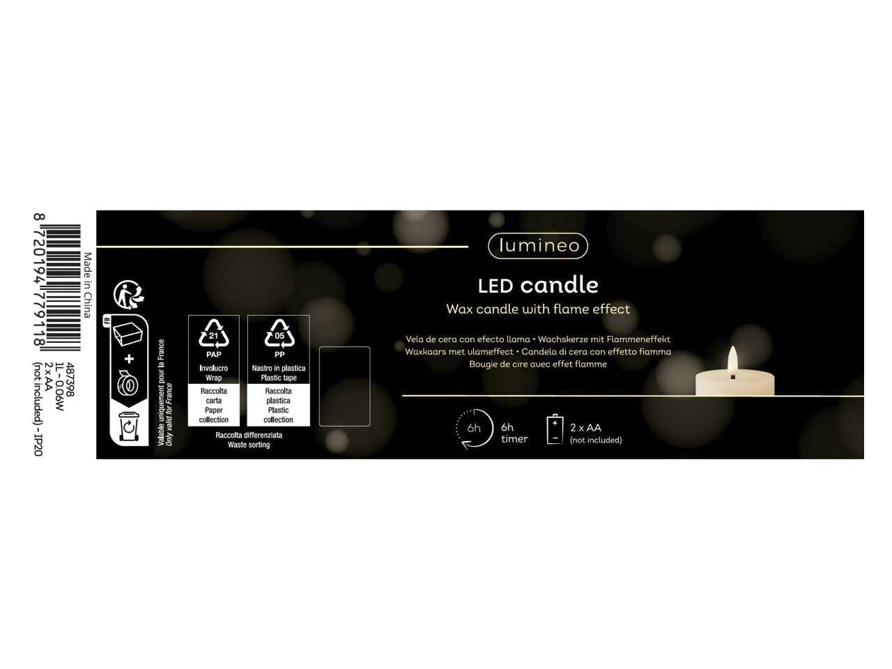 Candela con stoppino e led d.5x12,5cm a batteria bianca
