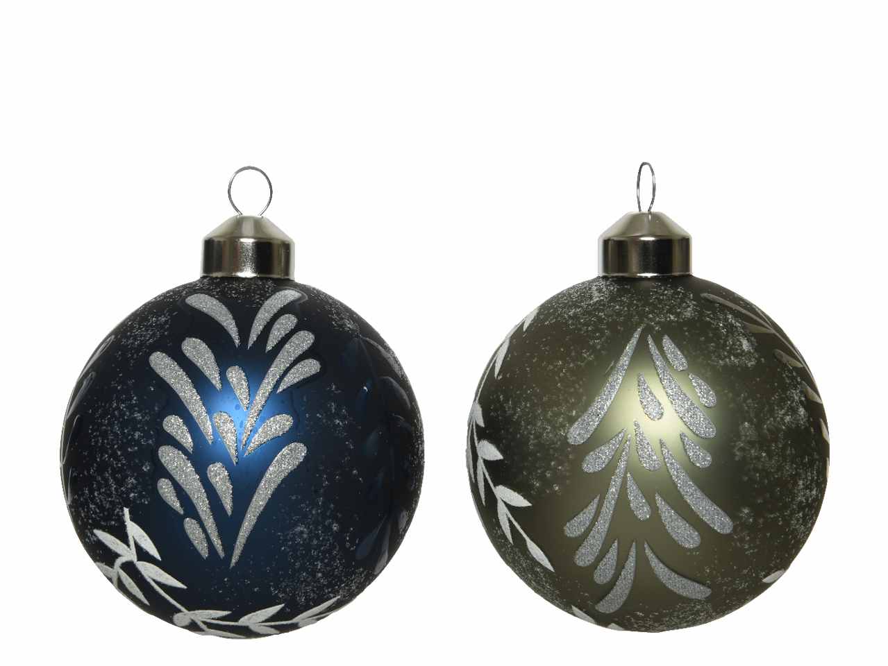 Sfera in vetro opaco d.8cm con decori natalizi nei colori blu e verde