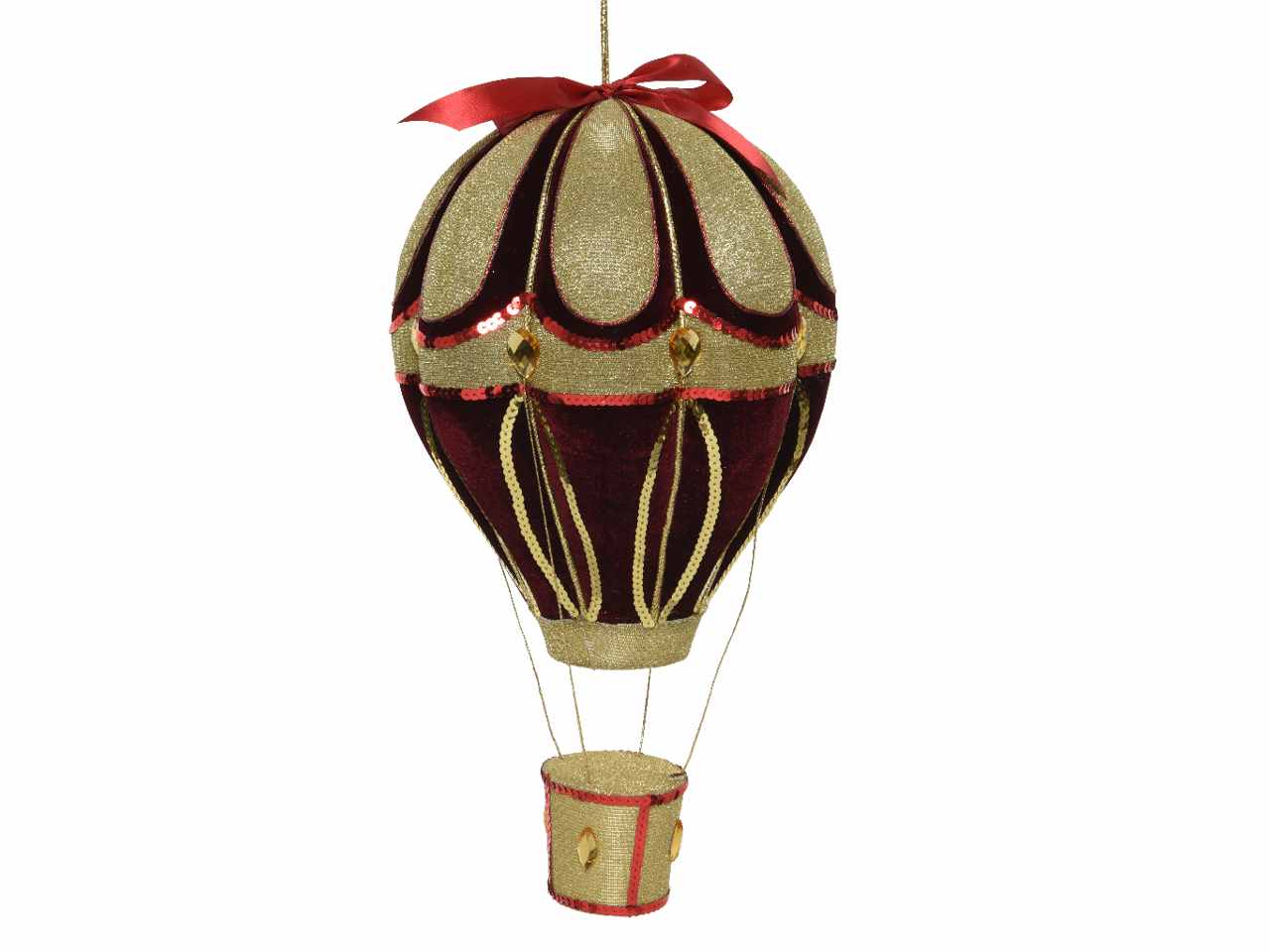 Mongolfiera in velluto con glitter 40cm d.23cm bordeaux e oro