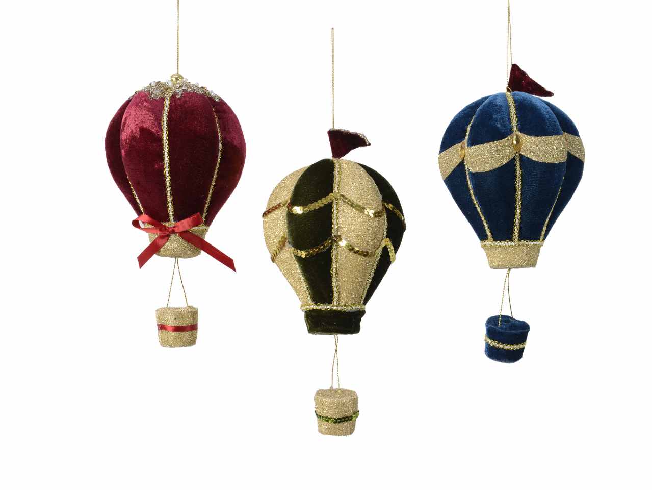 Mongolfiera in velluto con glitter 23cm d.12cm nei colori blu, oro e rosso