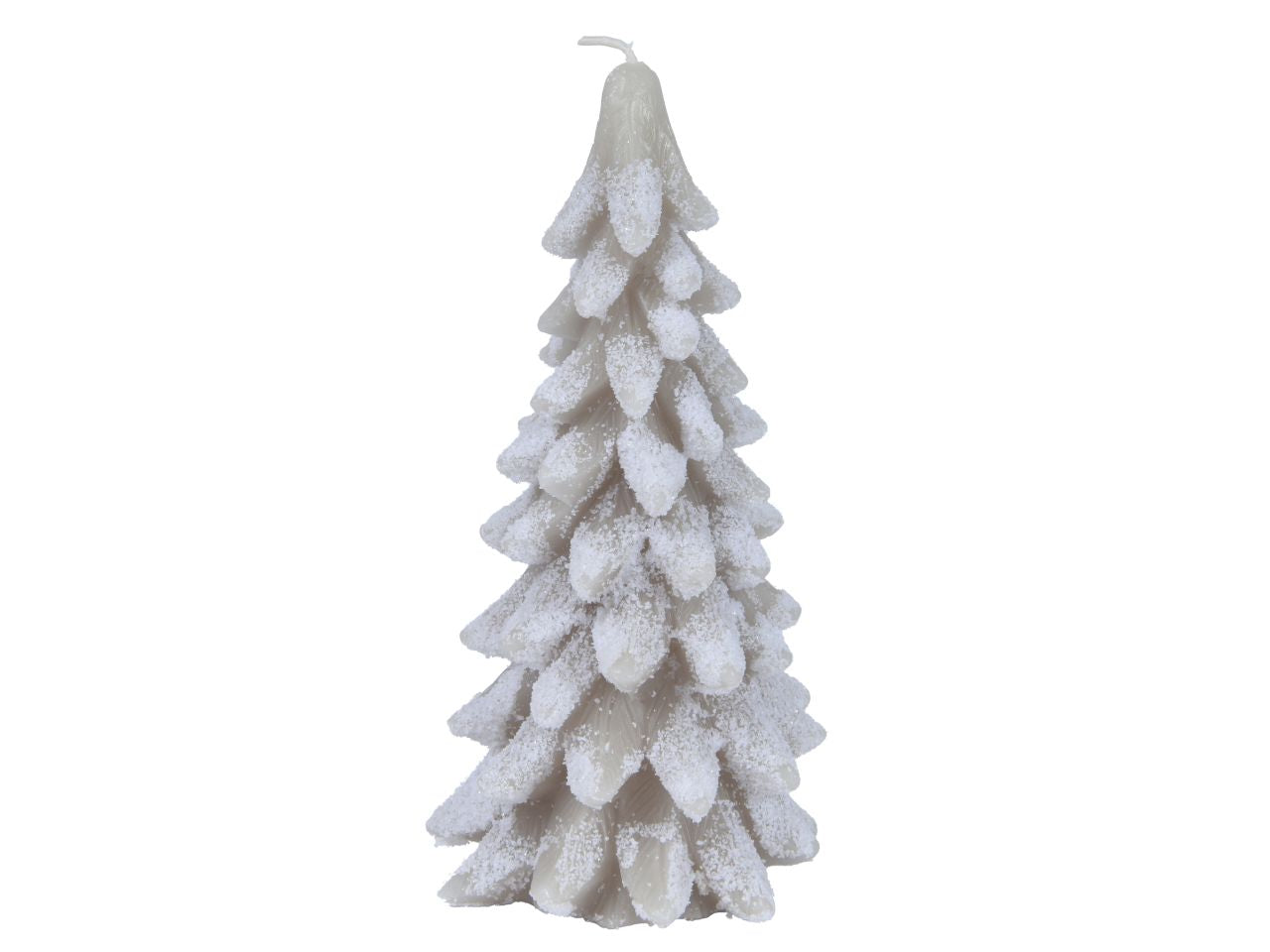 Candela a forma di albero di natale innevato, glitterata colore grigio chiaro misura alt.16.5cmd.8cm