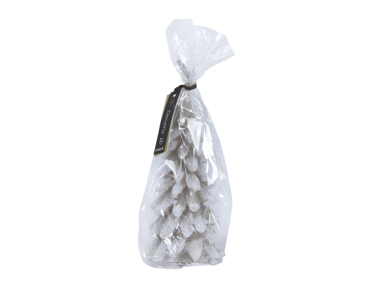 Candela a forma di albero di natale innevato, glitterata colore grigio chiaro misura alt.16.5cmd.8cm