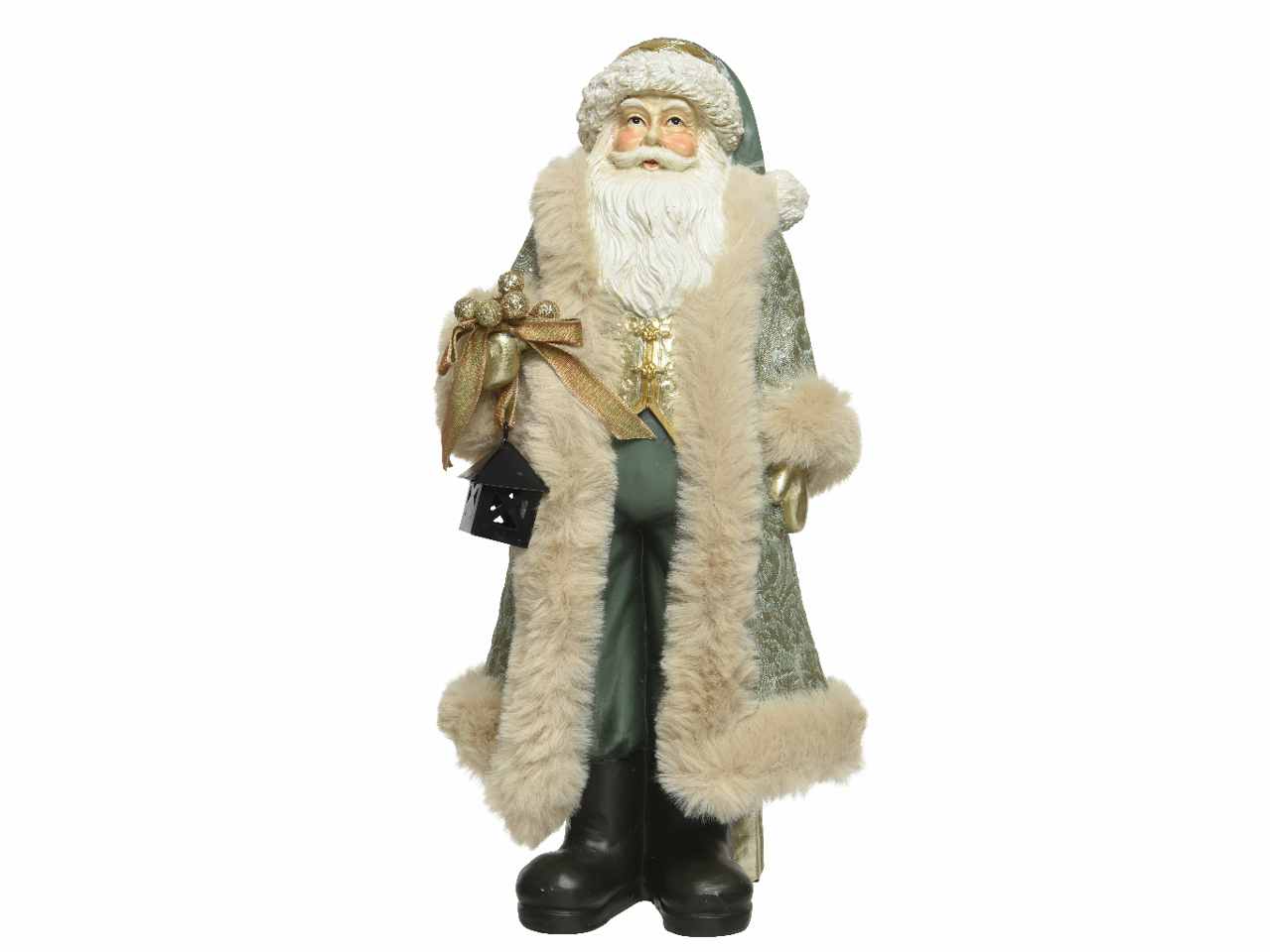 Babbo natale 10,5x13,5x30cm con mantello verde e lanterna in poliresina