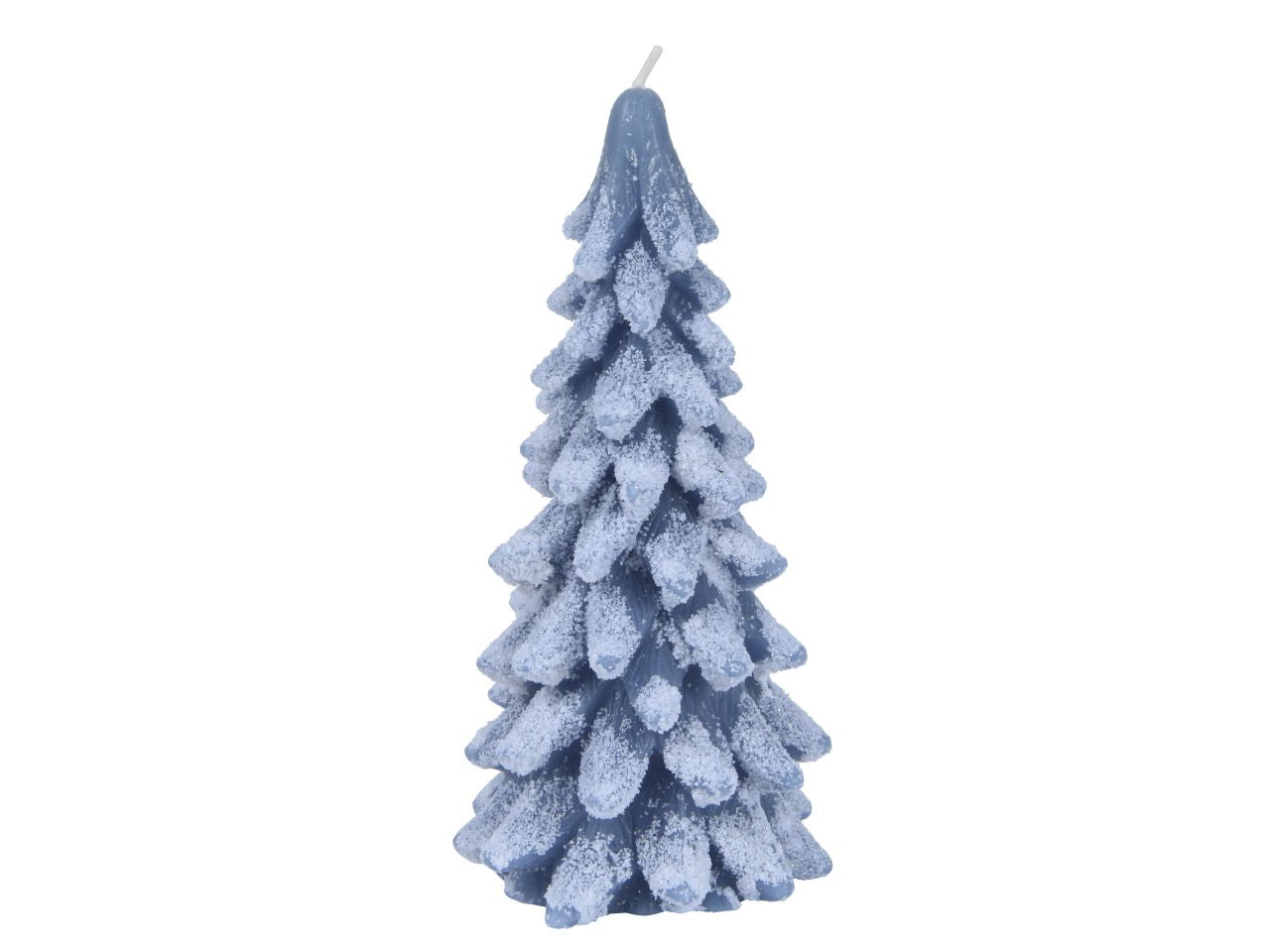 Candela a forma di albero di natale innevato, glitterata colore blu misura alt.16.5cmd.8cm