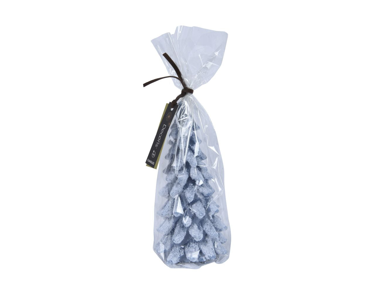 Candela a forma di albero di natale innevato, glitterata colore blu misura alt.16.5cmd.8cm