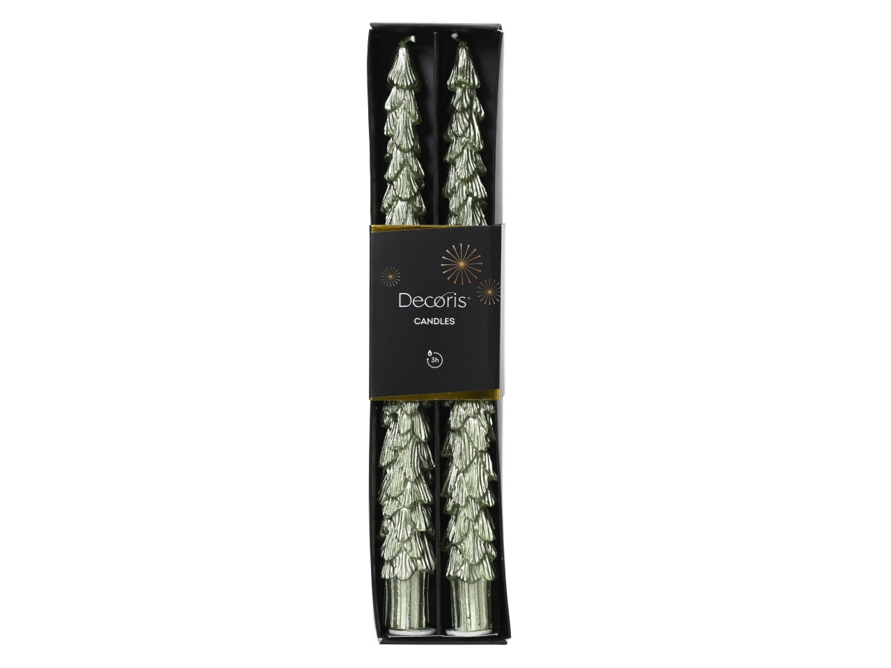 Candela a forma di pino verde metallizzato in cera d.2,2xh.25 cm, set da 2 pezzi - Decoris Candles