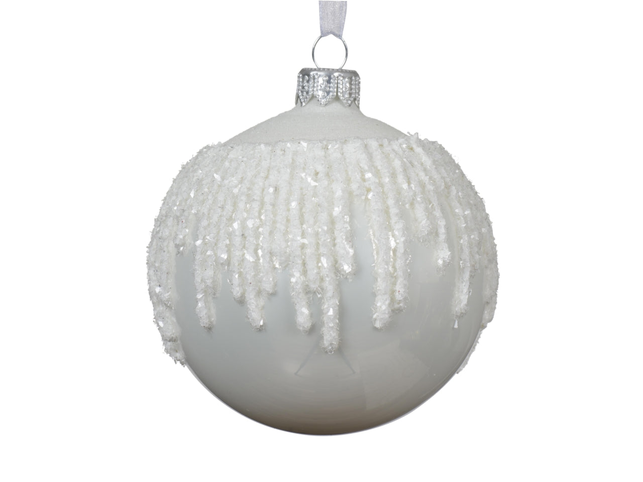 Palla di vetro d.8cm smaltato glassato decorazione neve bianca