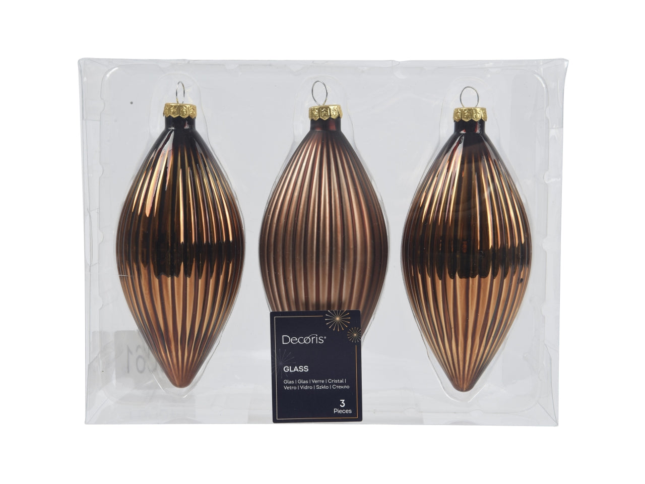Pendente di vetro natalizio marrone opaco e lucido a forma di oliva d.6xh.13 cm, set da 3 pezzi - Decoris