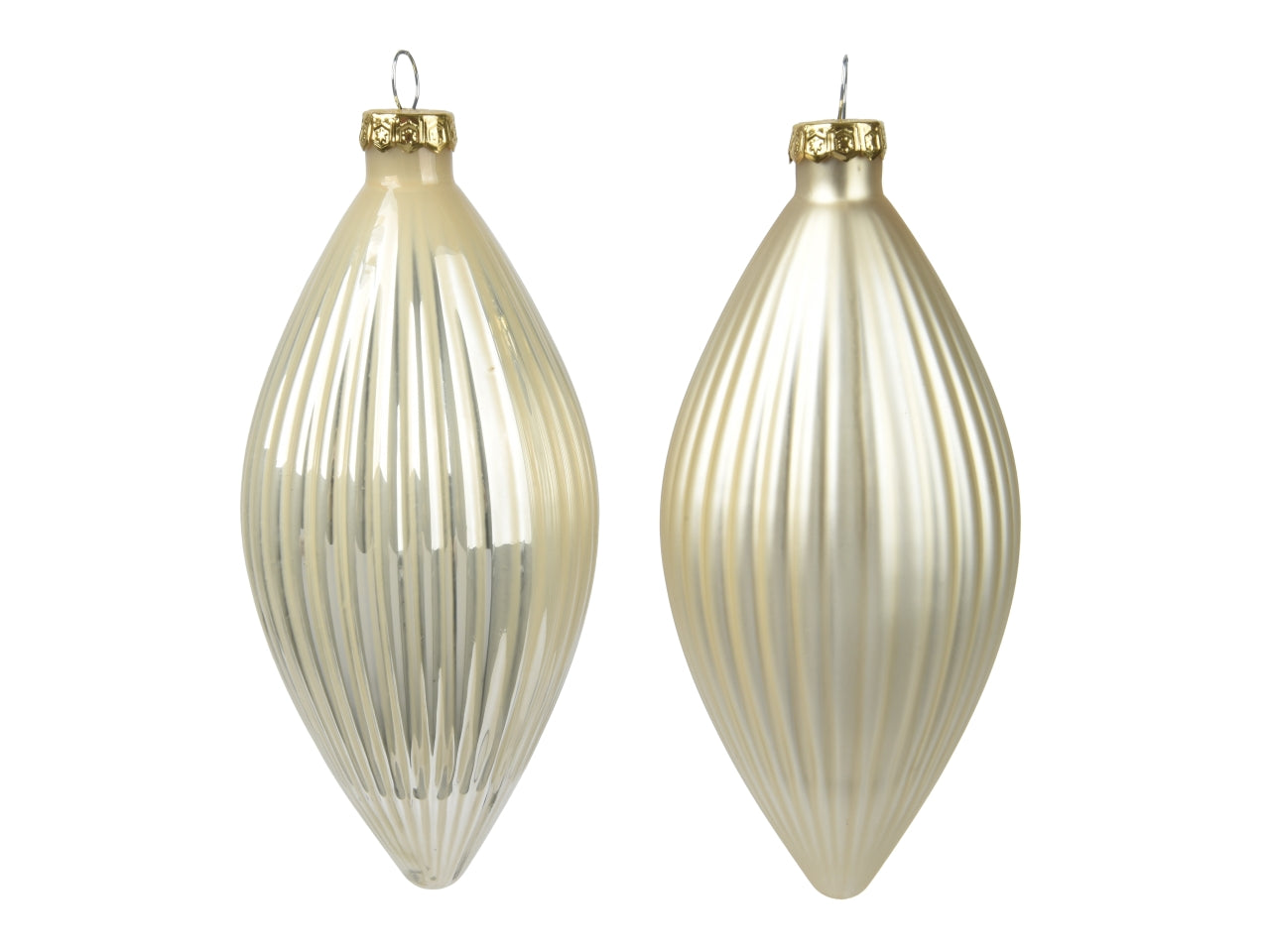 Pendente di vetro natalizio beige opaco e lucido a forma di oliva d.6xh.13 cm, set da 3 pezzi - Decoris
