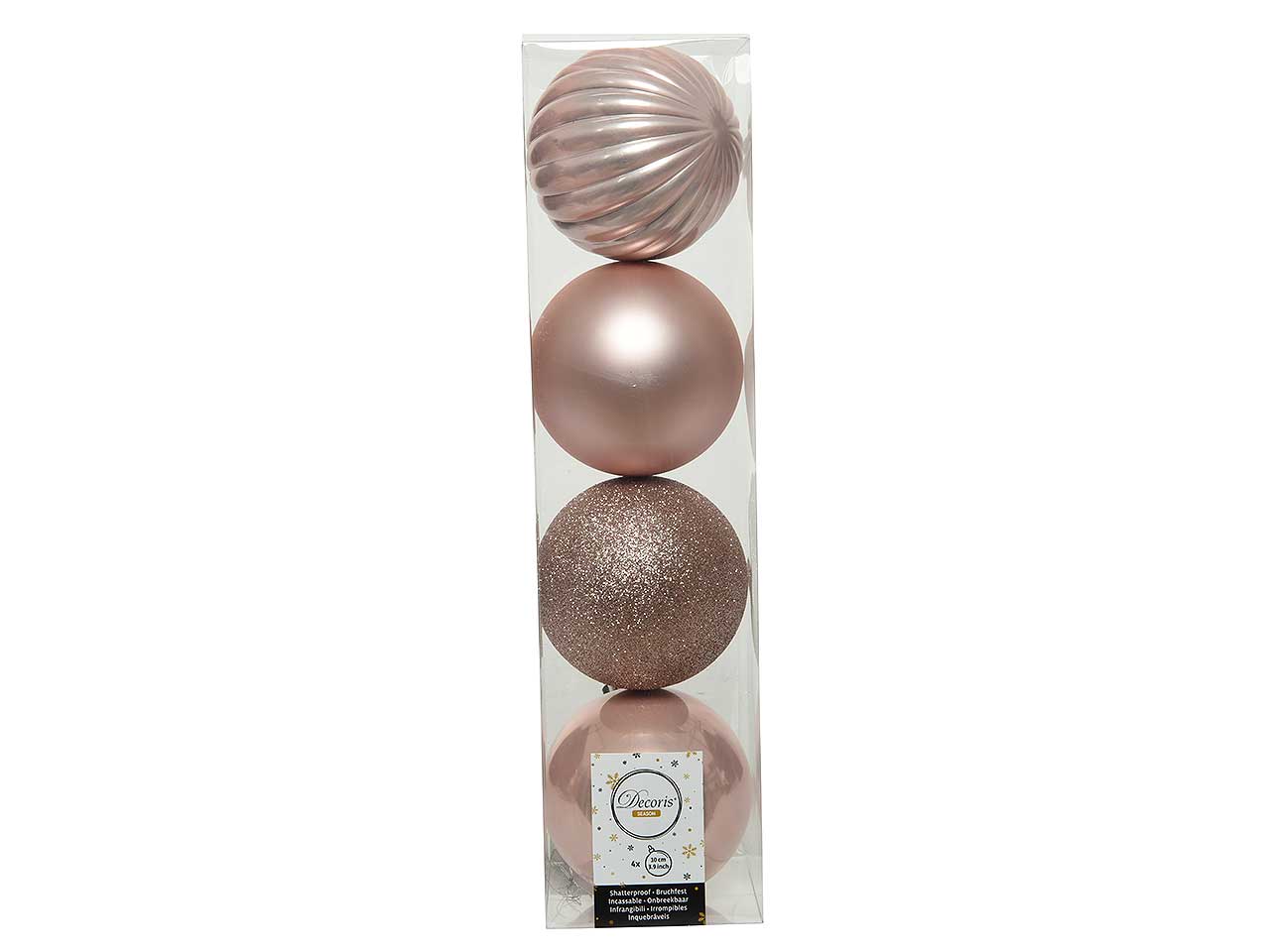 Palla di natale infrangibile finitura lucida,opaca e glitterata colore rosa tenue misura d.10cm