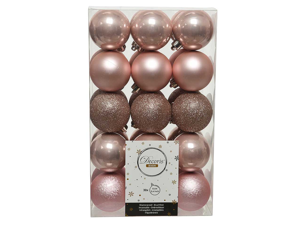 Palla di natale infrangibile finitura lucida, opaca e glitterata colore rosa tenue misura d.6cm