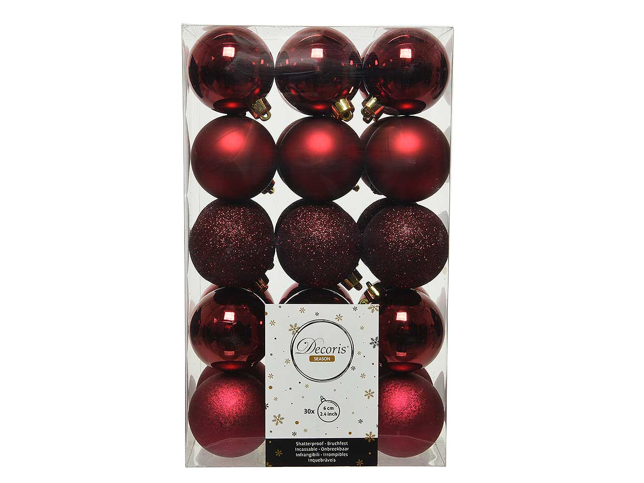 Palla di natale infrangibile finitura lucida, opaca e glitterata colore bordeaux misura d.6cm