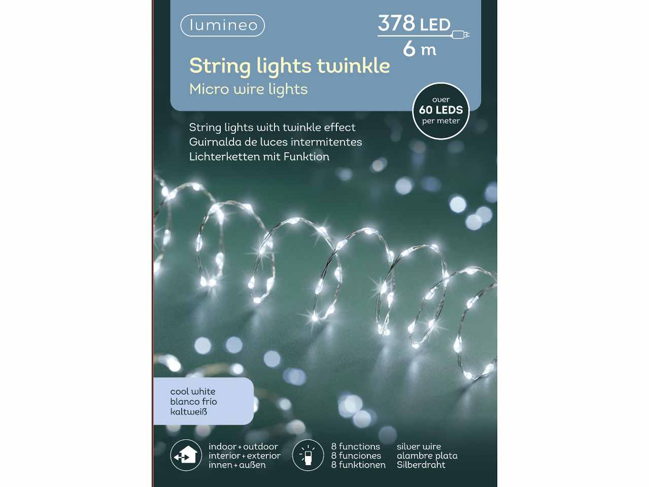 Catena luci 378micro led bianco freddo 6metri 8 funzioni uso esterno