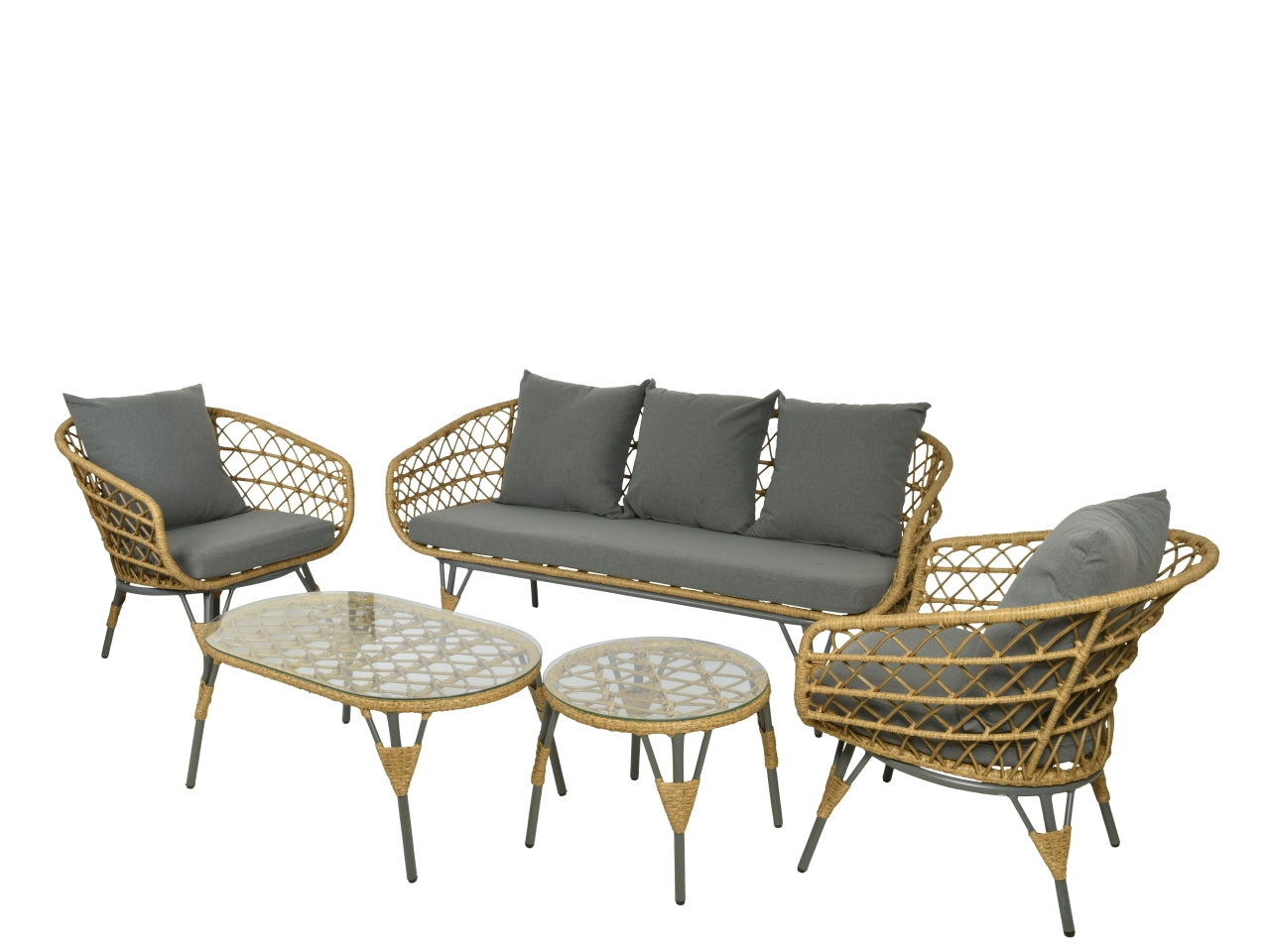 Set da giardino modello sintra in vimini colore naturale composto da 1 divanetto misura 152x80xh.82cm 2 poltrone misura 80x80xh.82cm e 2 tavolini