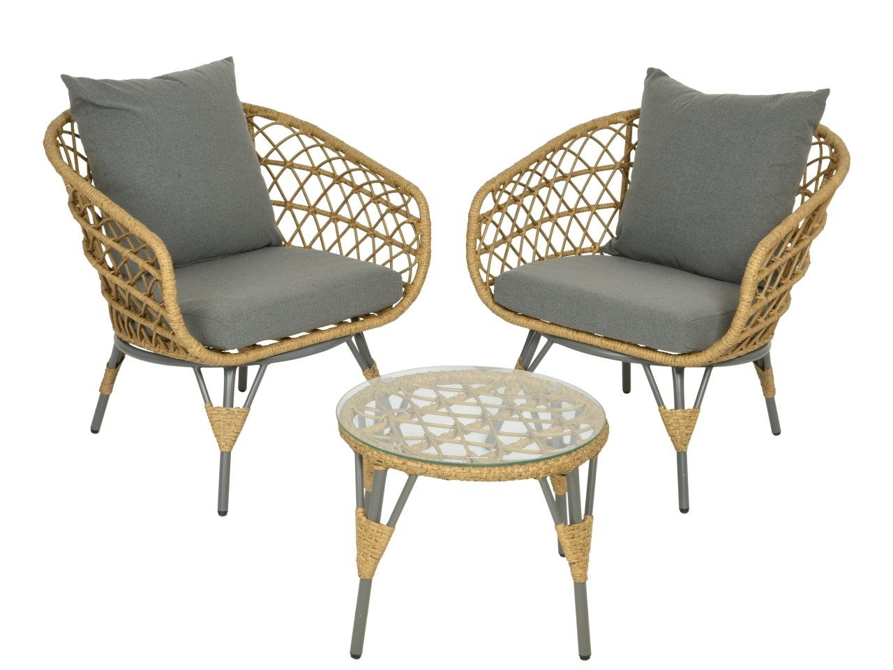 Set relax giardino in metallo e vimini sintetico grigio e ecrù - stile moderno con 2 poltrone e 1 tavolo - dimensione poltrona: 80x80x82 cm, tavolo diametro 55x54 cm - Kaemingk
