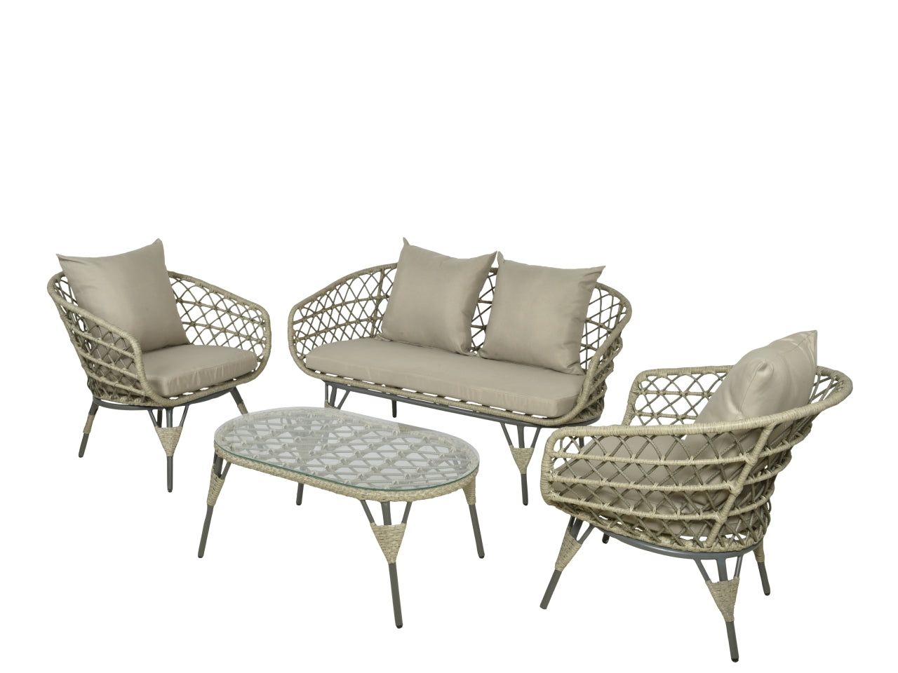 Set da giardino modello sintra in vimini colore grigio composto da 1 divanetto misura 152x80xh.82cm 2 poltrone misura 80x80xh.82cm e 1 tavolino di diametro 42cm