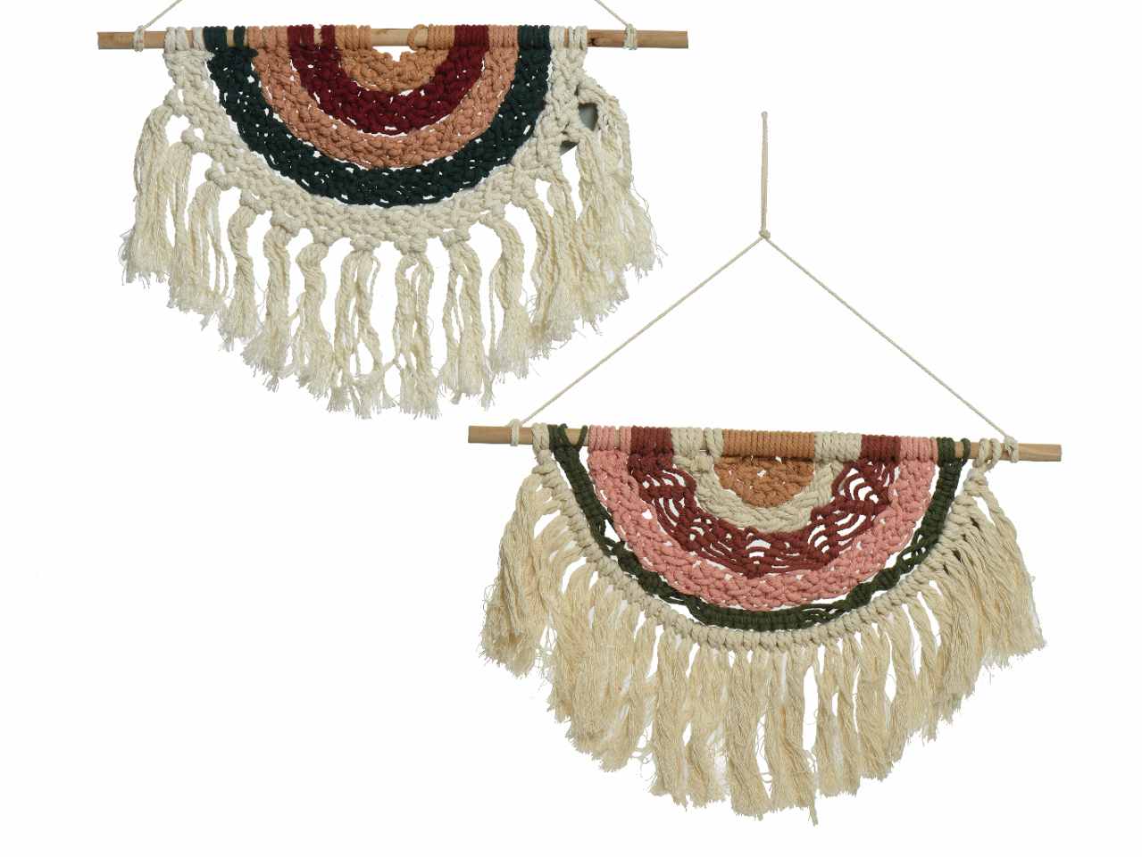 Nappe decorative in poliestere da parete con gancio e corda per sospensione sostegno in legno di pino 2 assortimenti con diversi intrecci 40xh.26cm