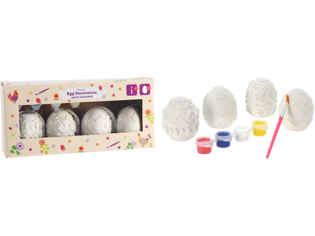 Set di Pittura Uova di Pasqua Koopman - 4 Uova in Gesso con Colori a Tempera e Pennello, Ideale per Hobby Creativi di Pasqua