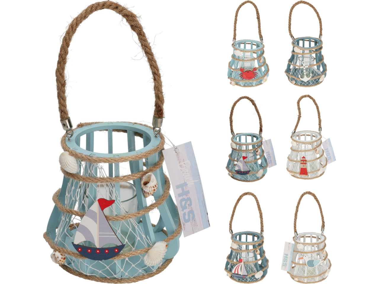 Porta candele marinaro in legno con applicazioni colori assortiti -  13 cm - Koopman
