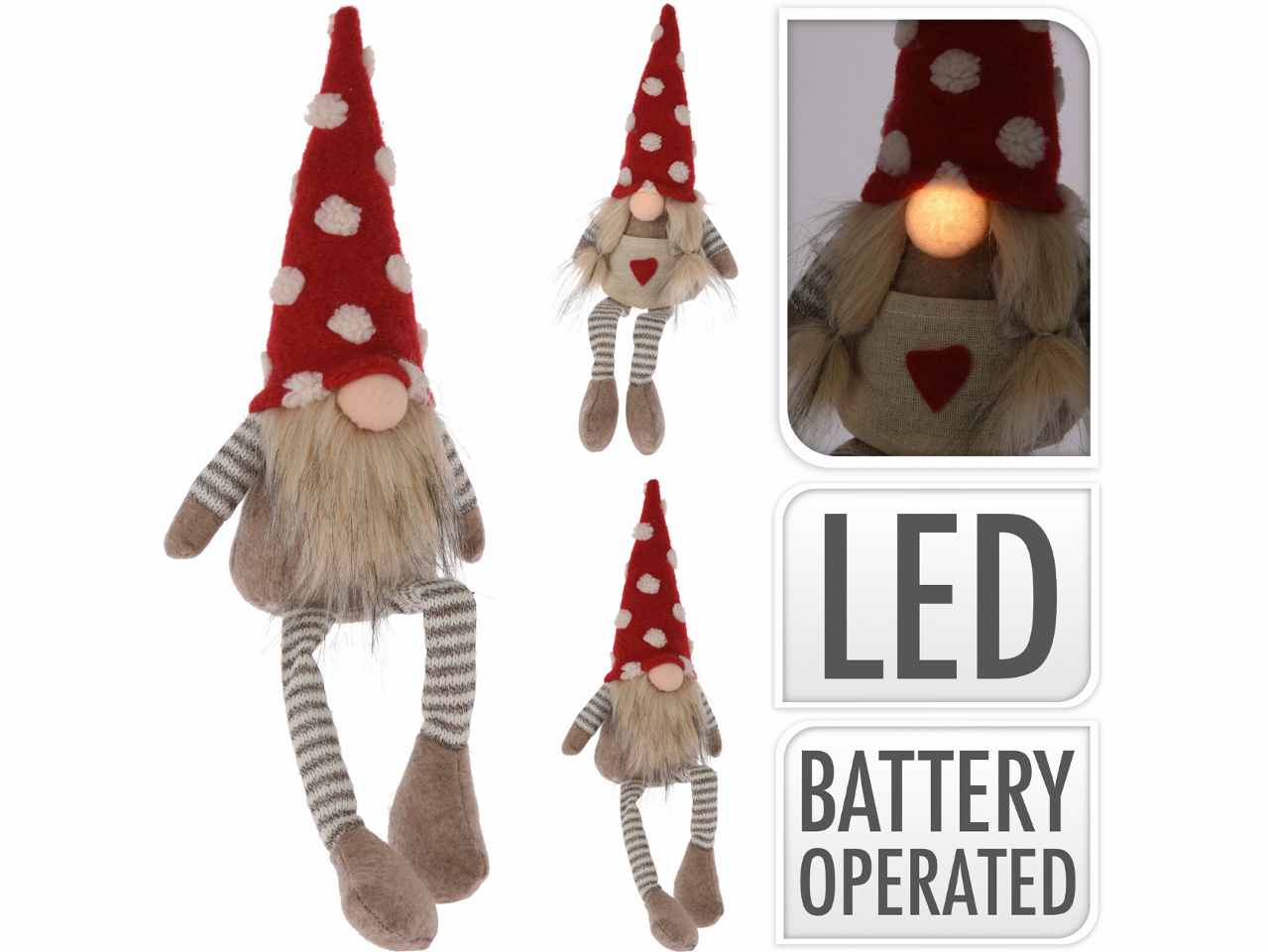 Gnomo peluche 35cm con led e funzionamento a batteria