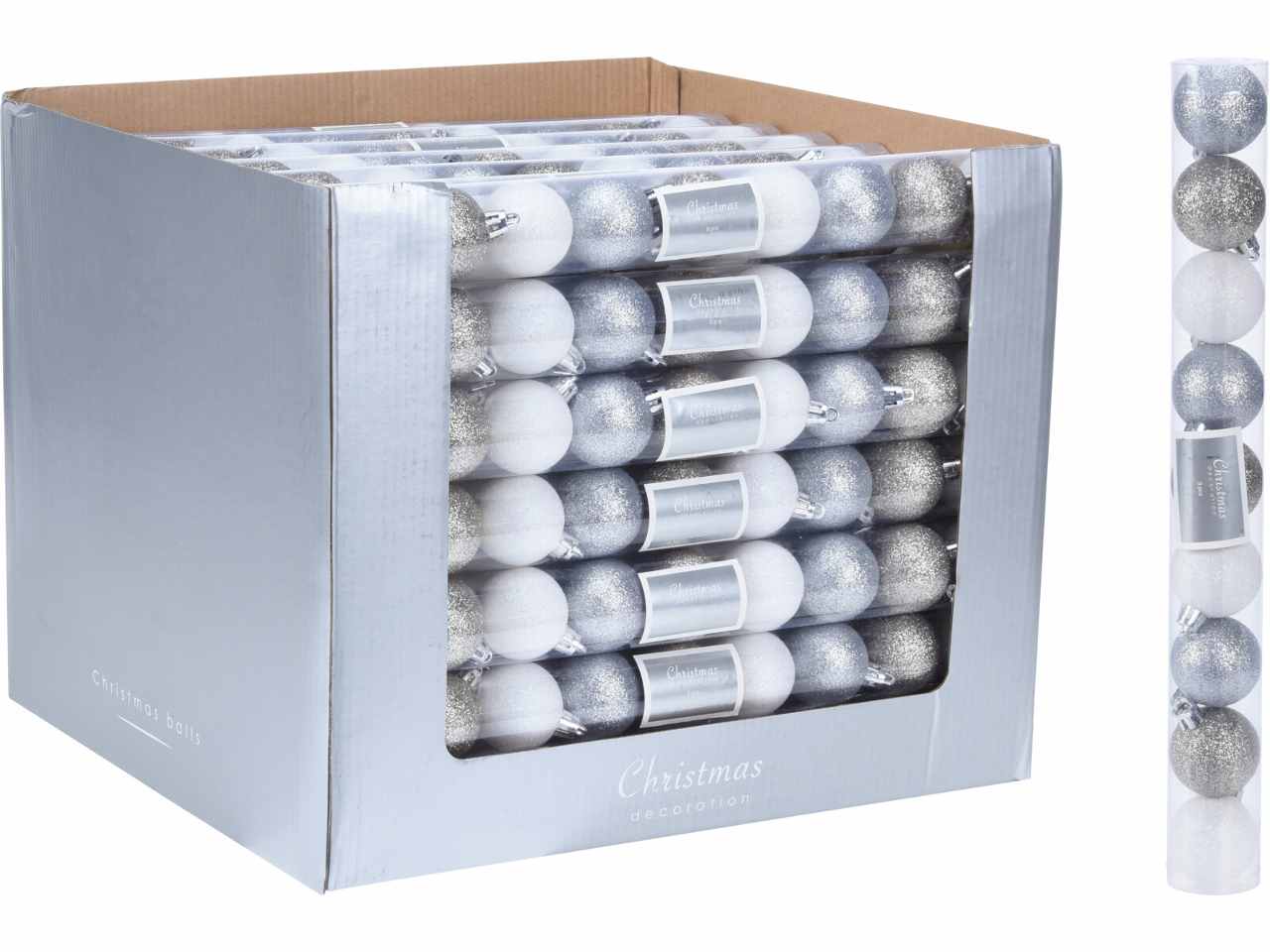Sfere 9pezzi in plastica d.40mm sparkle nei colori bianco e argento