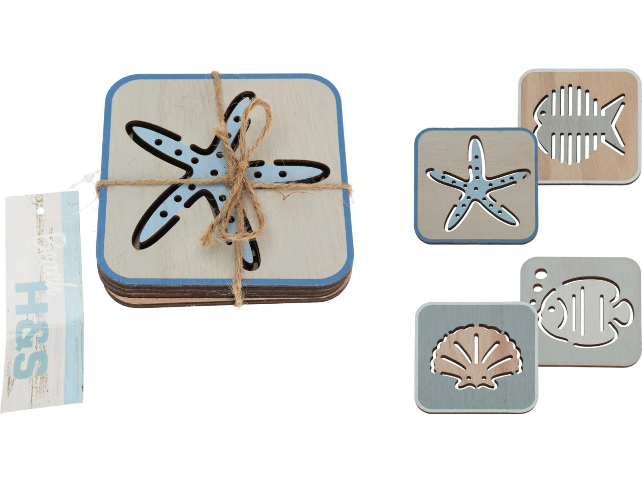 Sotto bicchiere in compensato stile marinaro set da 4 colori assortiti - 10x10 cm - Koopman