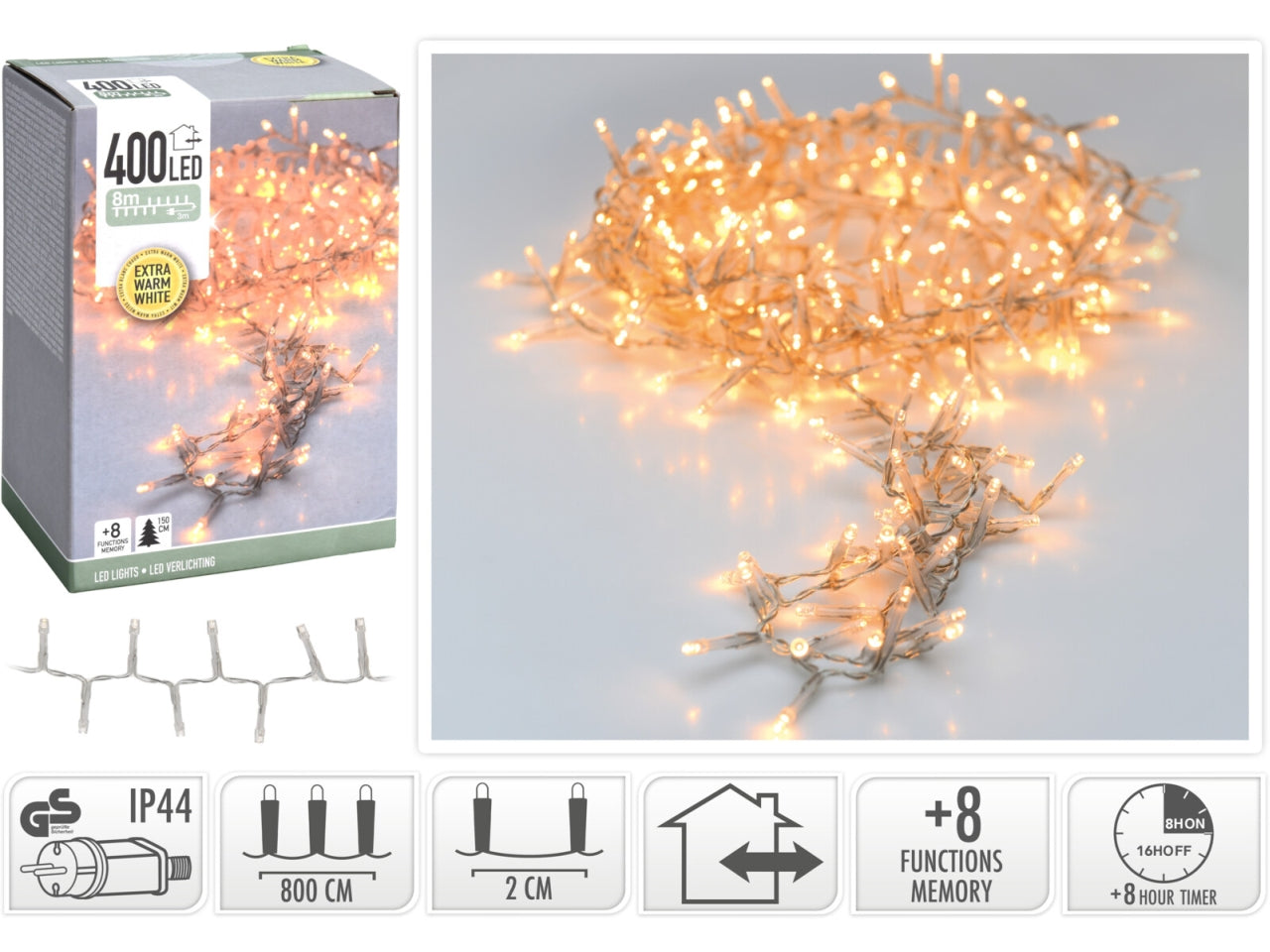 Catena di luci 400led extra bianco caldo filo trasparente con gioco di luci