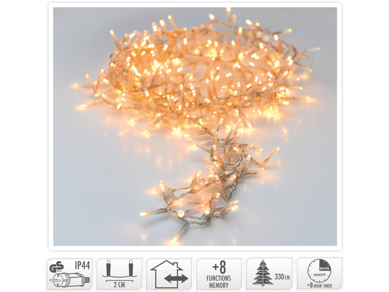 1800led bianco caldo, distanza led 2cm, cavo guida 3mt, cavo trasparente, con controller gioco luci 8 funzioni con memoria e timer, per uso interno/esterno 2cm