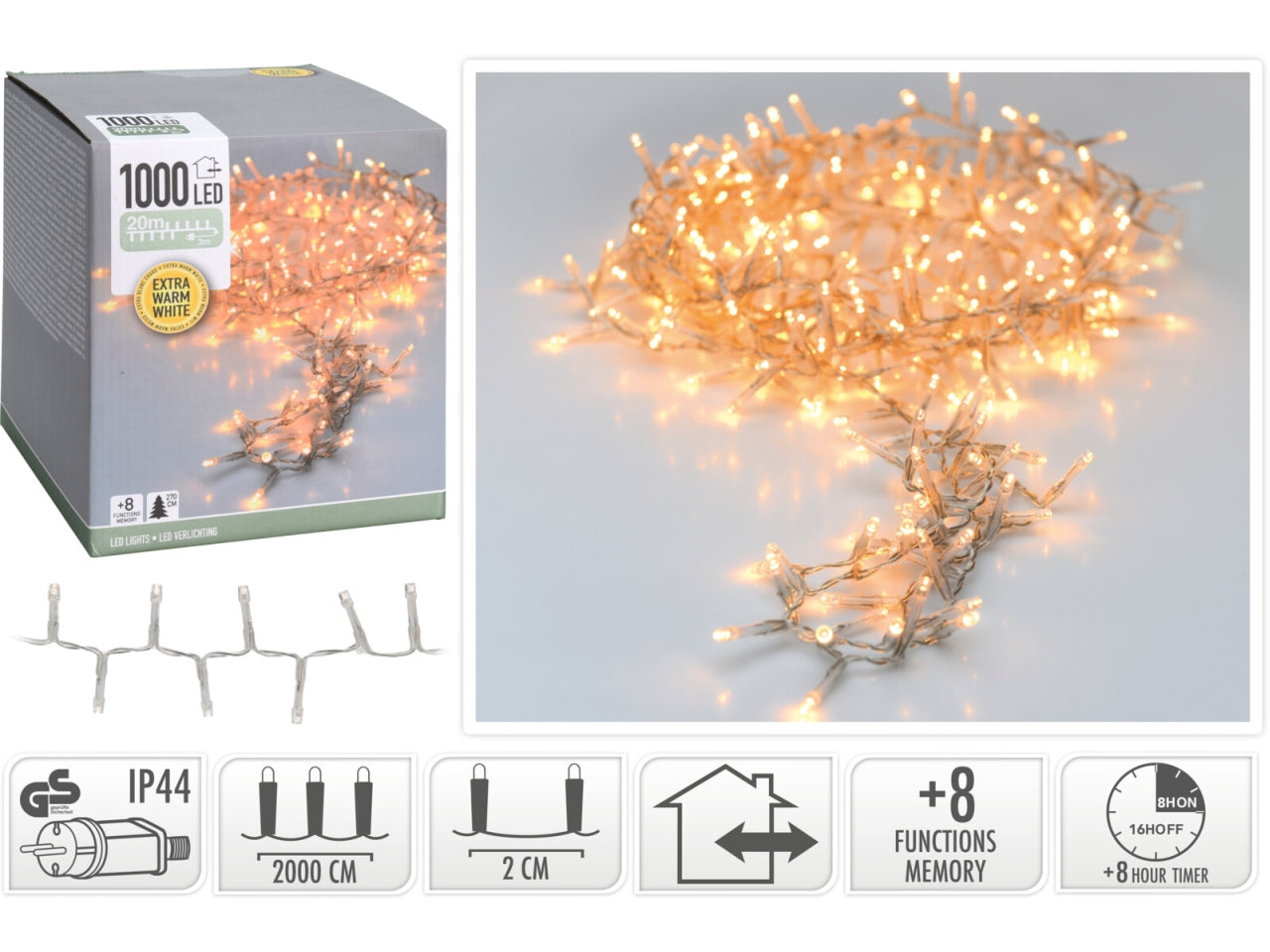 1000led bianco caldo, distanza led 2cm, cavo guida 3mt, cavo trasparente, con controller gioco luci 8 funzioni con memoria e timer, per uso interno/esterno 2cm